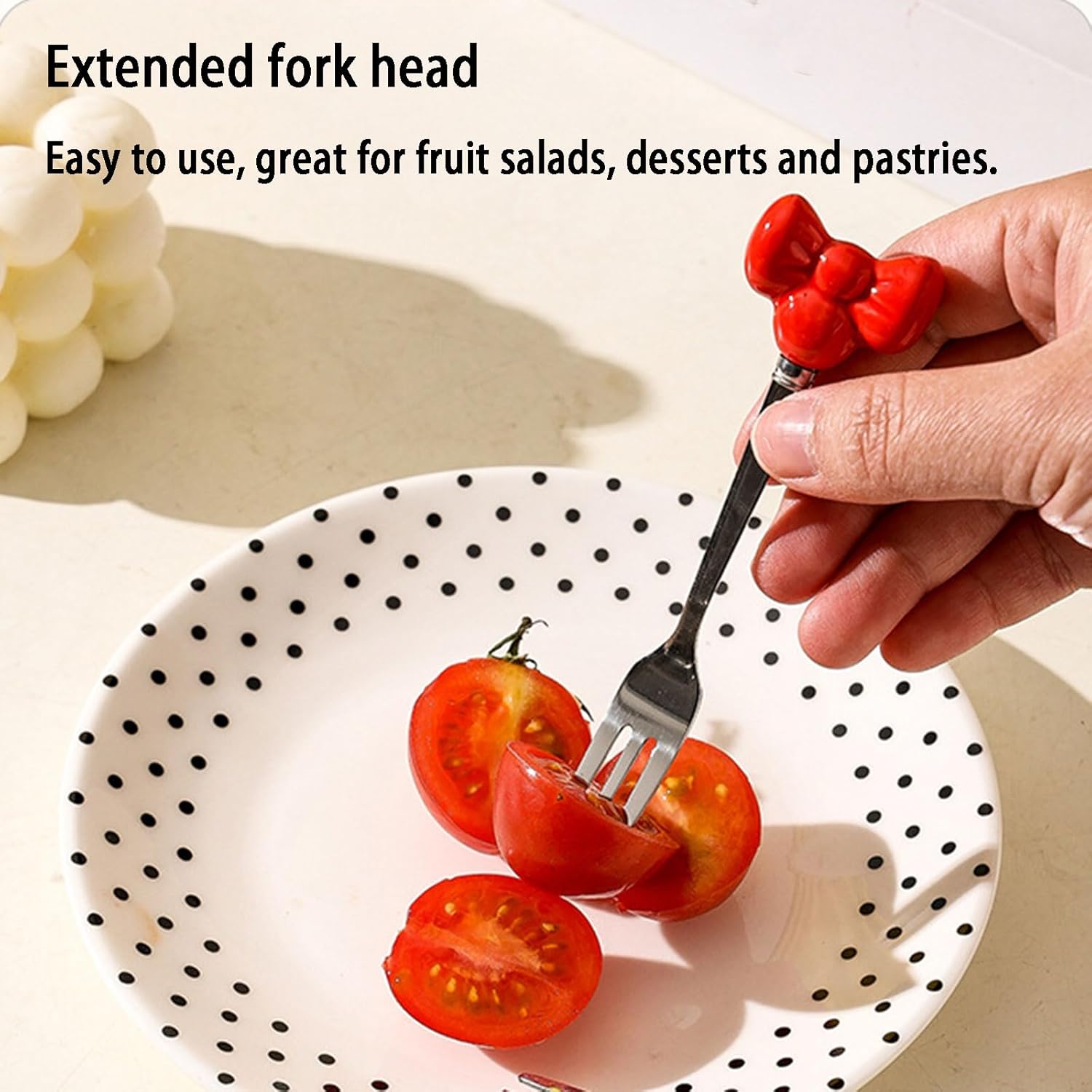 Fruit Forks Reusable Stainless Steel Dessert Forks with Bow Design & Decorative Holder Ceramics,6 Piece Elegant Snack Skewers for Party Home Display Gift Afternoon Tea