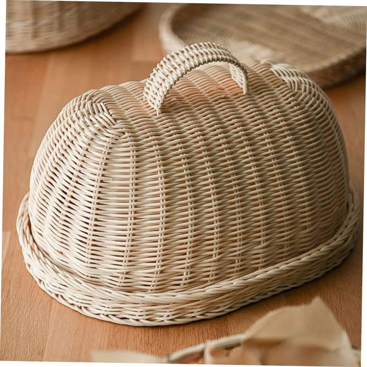 DECHOUS Protective Rattan Food Cover with Bread Storage Tray Handwoven Kitchen Fruit Basket Cloche Natural Dome Lid for Fresh Food Preservation Khaki