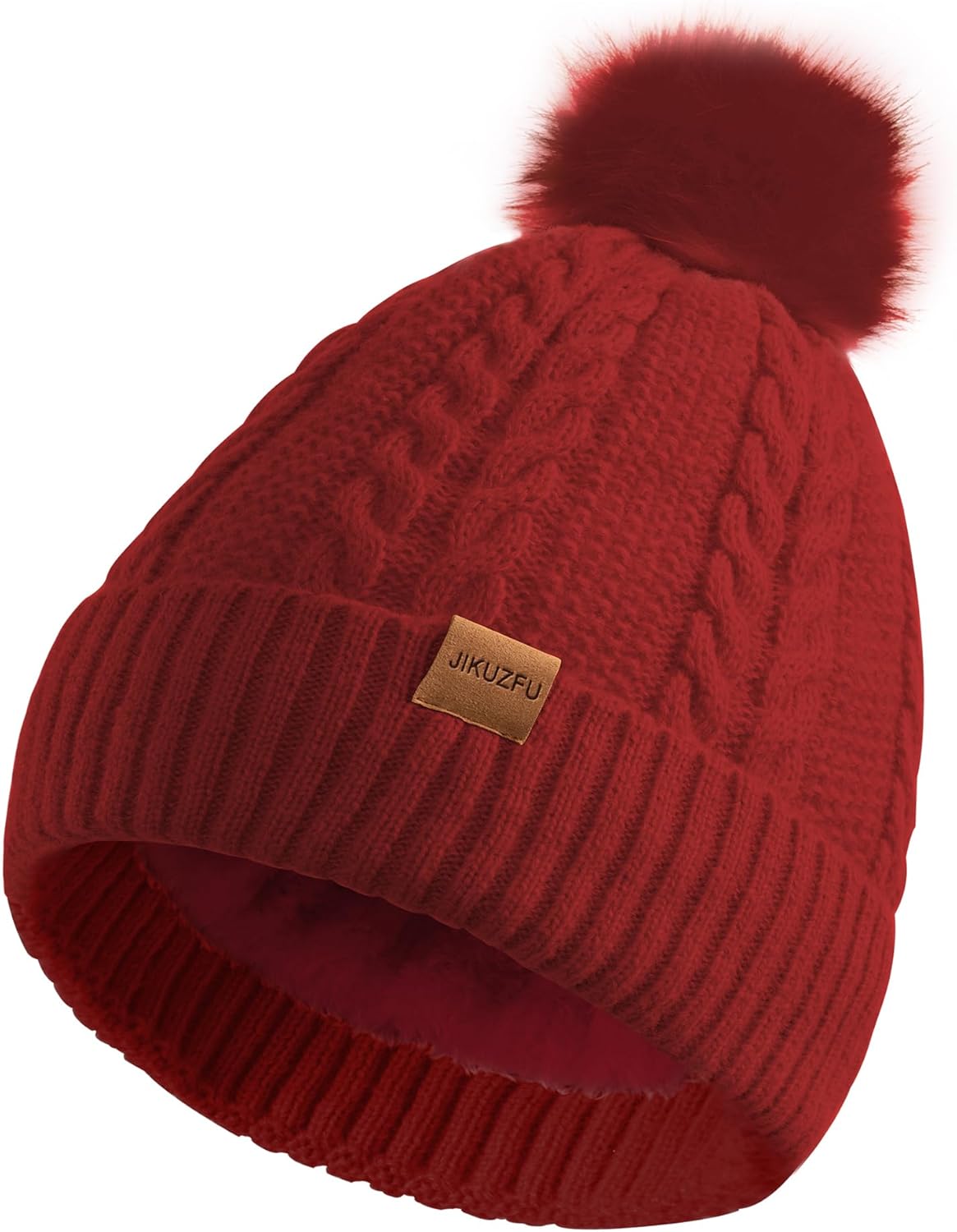 Women's Winter Fleece Beanie Hat, Warm Soft Wool Lined Knit Cross Cap with Pom Pom Snow