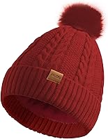 Women's Winter Fleece Beanie Hat, Warm Soft Wool Lined Knit Cross Cap with Pom Pom Snow