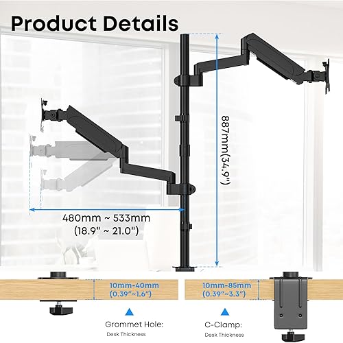 Miniatura 2 de Soporte vertical para monitor de 17-32 pulgadas, soporte de poste largo de 34.9 pulgadas, carga máxima de 19.8 libras, soporte de monitor apilado