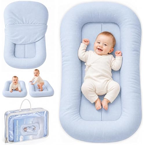 Baby Lounger, Infant Support Cushion 0-24 Months, Light Blue | Breathable Cotton, Machine Washable Cover, Infant Lounger, Home and Travel, Portable Tummy Time Mat, Baby Registry Gift