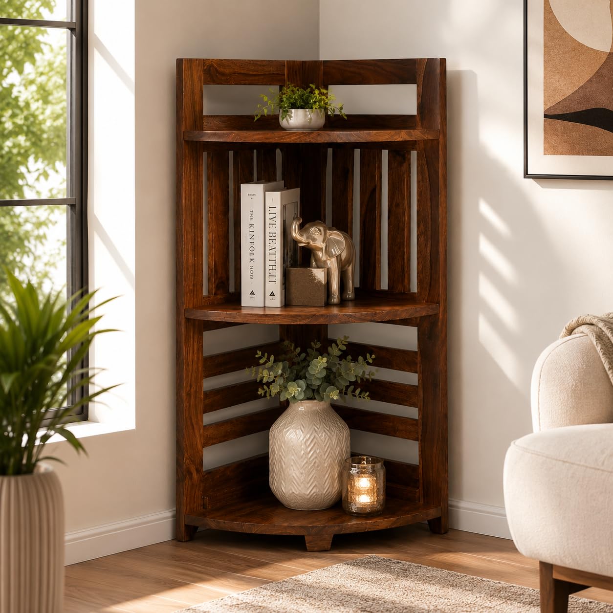 Sheesham Wood 3 Tier Corner Folding | Solid Wooden Display Room wall Corner for Bedroom, Living Room, Office and Hotel (Walnut Finish)-image-41