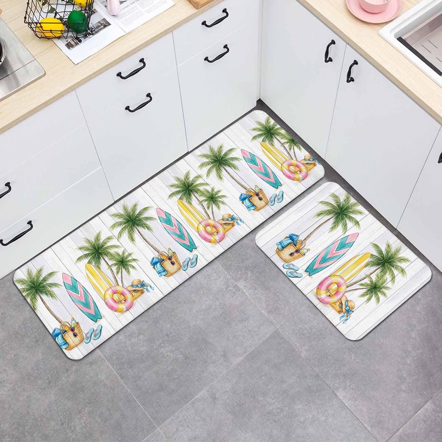 Summer Surfboard Kitchen Mat Set 2 Pieces Green Palm Tree Swimming Ring Hat Towel Wood Striped Non Slip Kitchen Rugs Washable Runner Rug Mats for Floor Sink Laundry Office 19.7" x 31.5"+19.7" x 47.2"