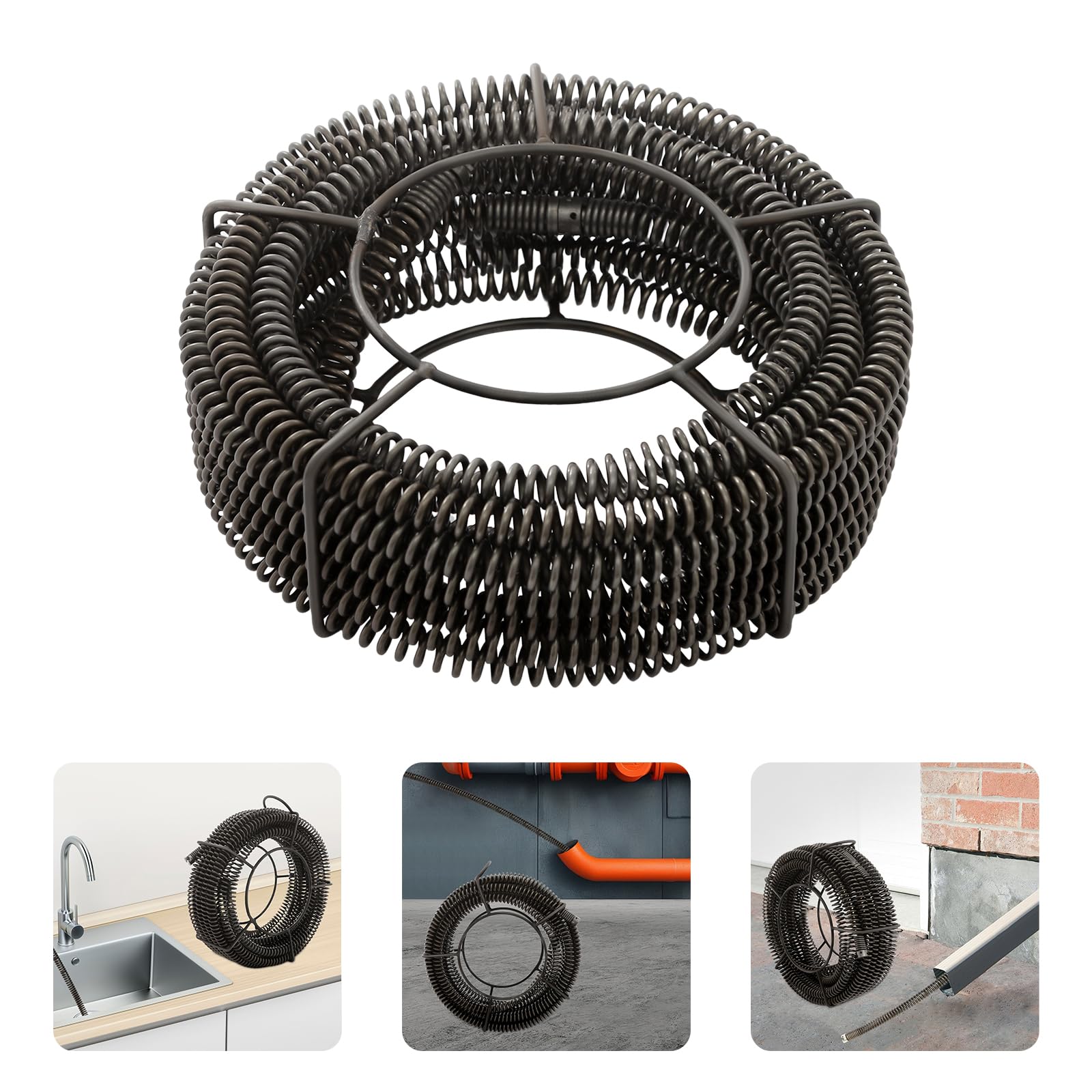 Juego de espirales de limpieza de tuberías de 14 m para tubos de 50 a 200 mm de diámetro con soporte, 4 piezas en espiral de resorte para dispositivo de limpieza de tuberías, desatascador para desagüe