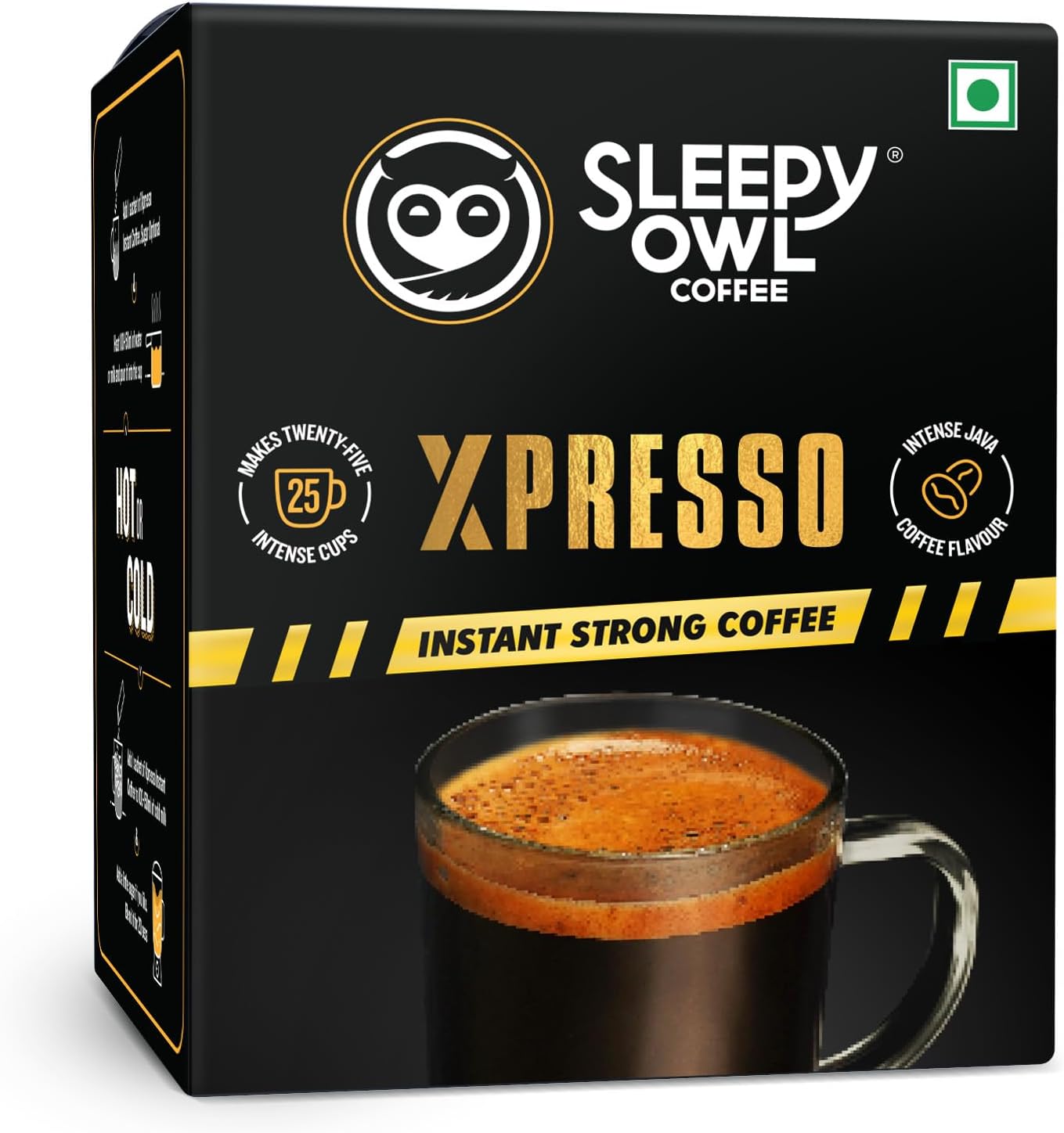 Sleepy Owl Xpresso Instant Coffee Sachets | Pack of 25 | Dark Roast Intense Java Flavor | Bold & Strong | Convenient On-The-Go Sachets