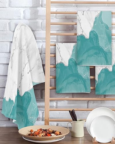 Miniatura 2 de Juego de 2 toallas de cocina de tejido de punto gofre de algodón, patrón de mármol salvaje, dorado, verde azulado, blanco, degradado, 16 x 24