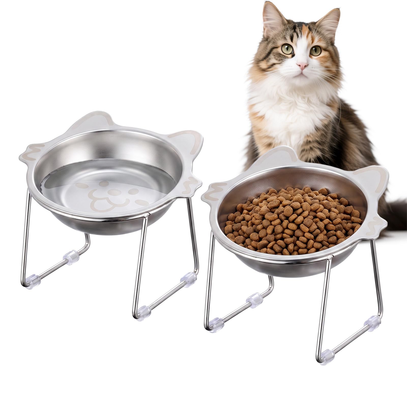 2 Pack Elevated Cat Bowls, Raised Cat Bowls Stainless Steel Cat Bowls for Indoor Cats & Small Dogs Durable Anti-slip Elevated Cat Food & Water Bowl Set 13cm Bowl Opening Cute Dog Patterns 18x18x11.2cm