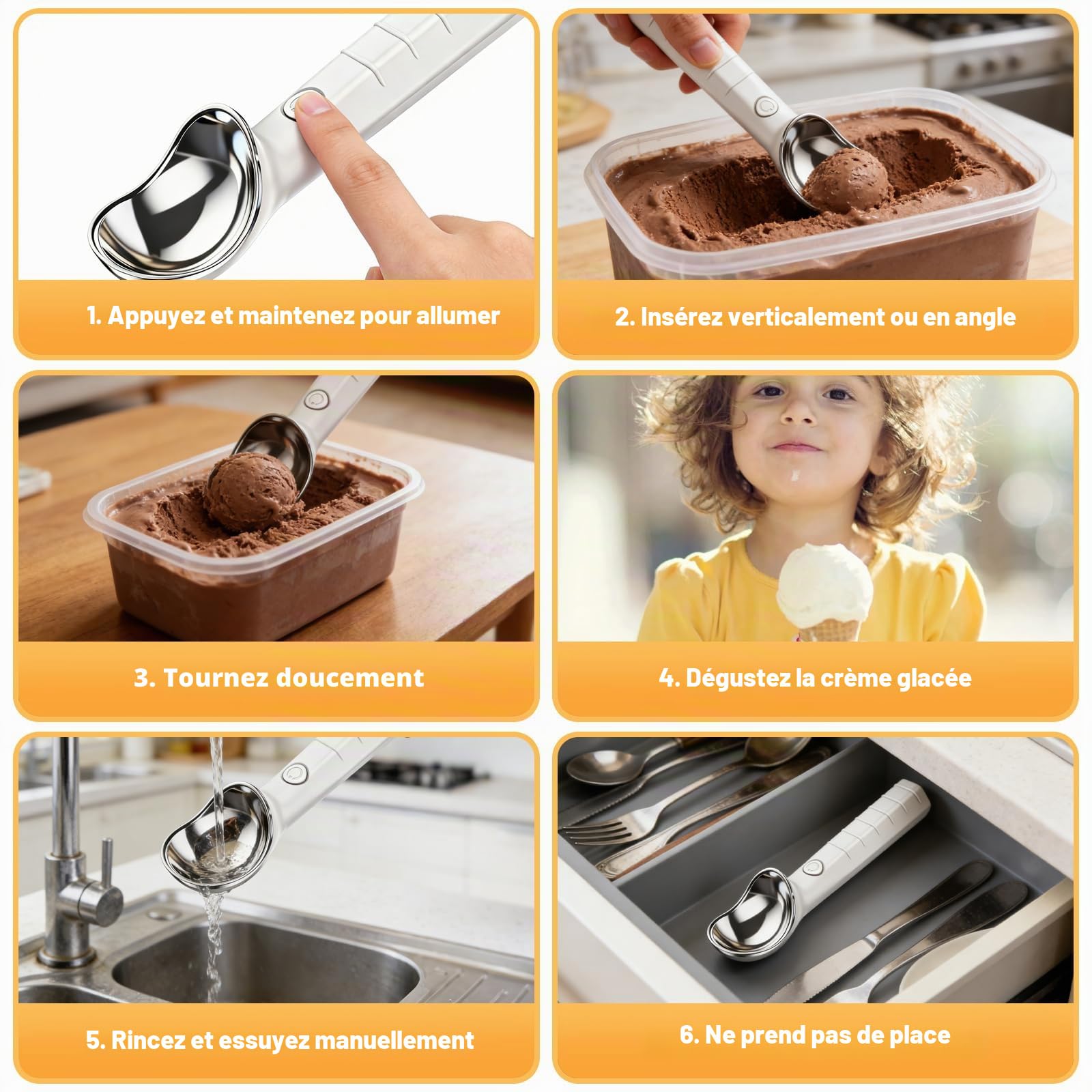 Cuillère à Glace Chauffante, Cuillere Glace Boule électrique | Chauffe à 45/70 °c, Rechargeable Pour Crème Glacée, Gelato Ou Yaourt Glacé, Facile Pour Les Personnes âgées Et Les Enfants