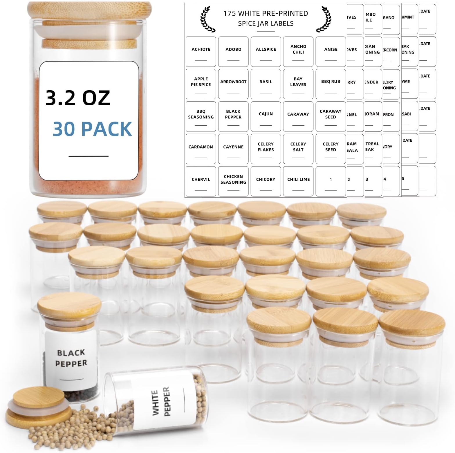 Glass Spice Jars Set of 20 3.2oz (95ml) Mini Spice Jar