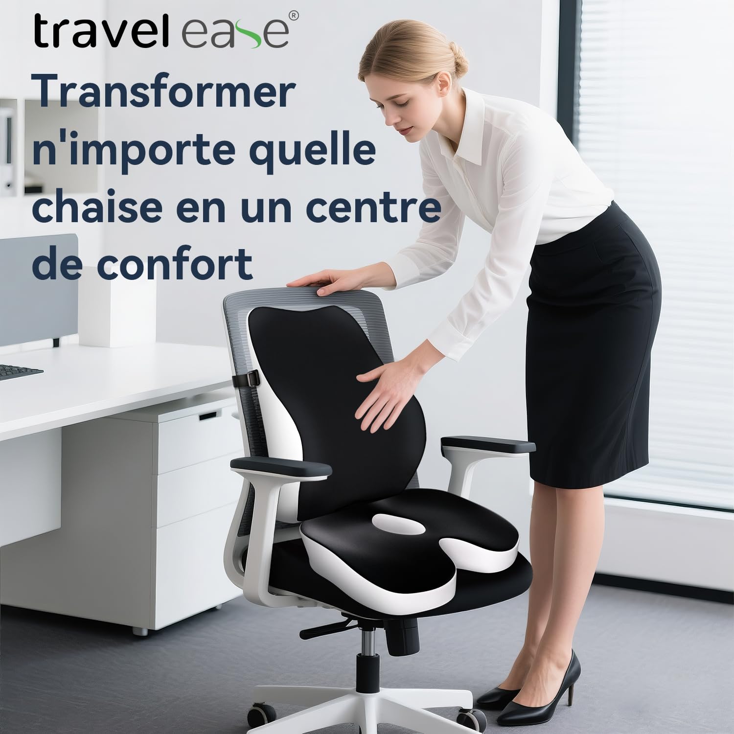 Travel Ease Ensemble Coussin de Siège et Soutien Lombaire en Mousse à Mémoire, Confort Ergonomique pour Chaise de Bureau, Siège de Voiture, Maison et Voyage, Coussin pour Le Dos et Les Fessiers, Noir