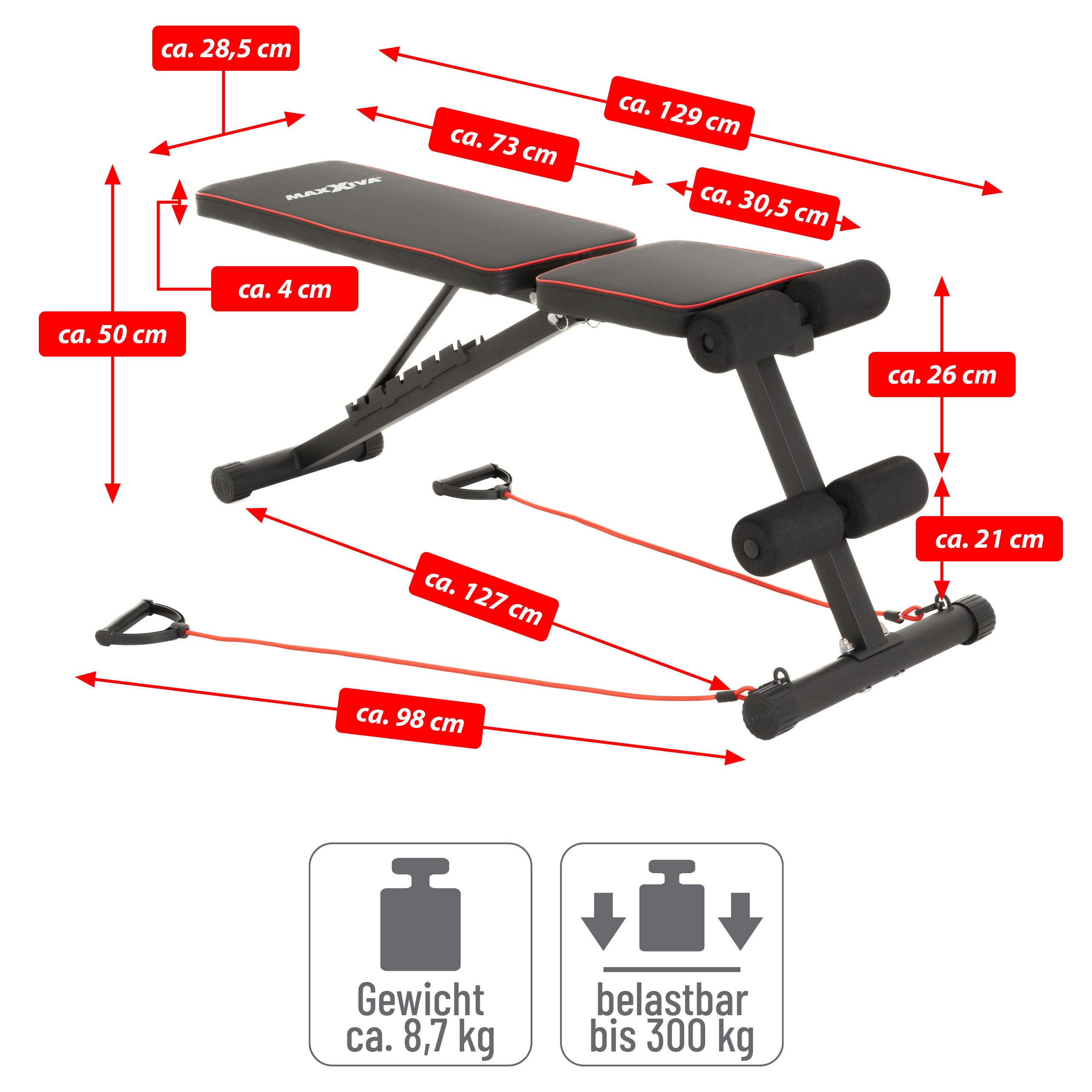 Fitnessbank Hantelbank klappbar Multifunktion Training Bauchtrainer Schrägbank mit 7-fach verstellbarer Rückenlehne, mit Expander Belastung 300kg, Sit Up