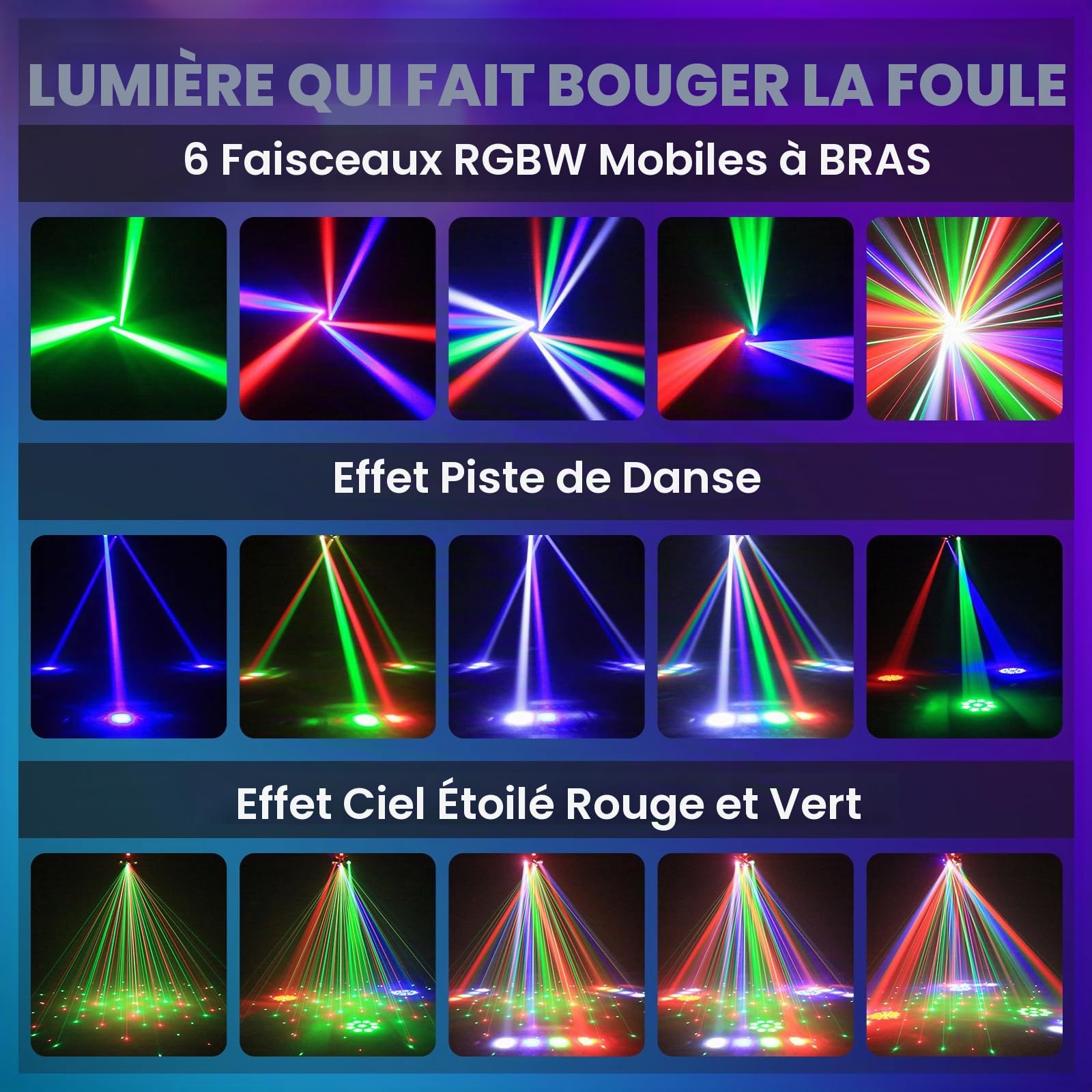 Lyre LED Moving Head 80W RGBW, Projecteur Lumière Disco avec Télécommande, 6 Bras Lumineux + Effet Oeil d'abeille, DMX512 pour DJ Bar Mariage Soirée