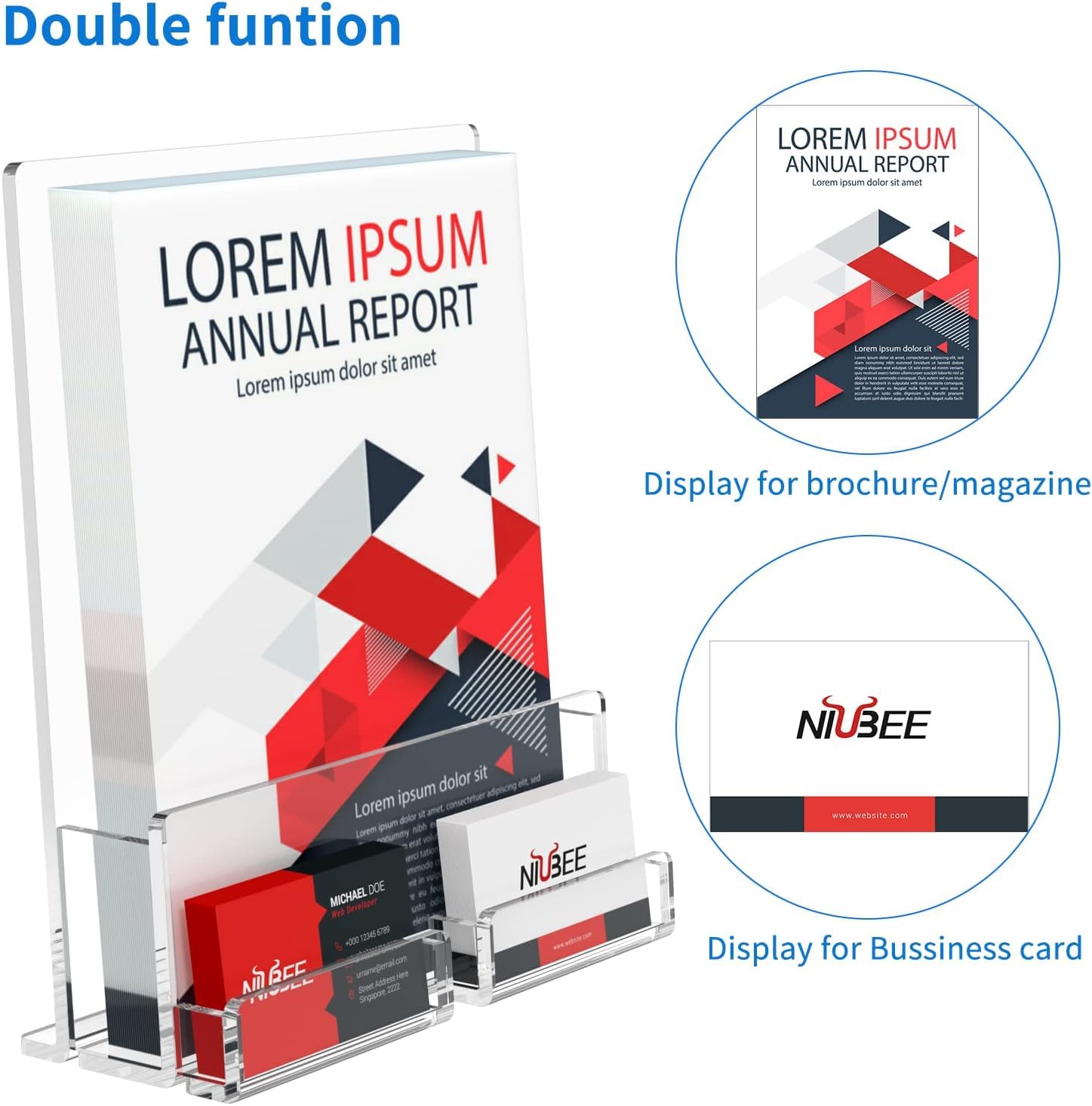 NIUBEE Paquete de 6 soportes acrílicos para folletos de 8.5 x 11 pulgadas, soporte transparente para folletos con soporte acrílico para tarjetas de visita, soporte de exhibición de folletos de