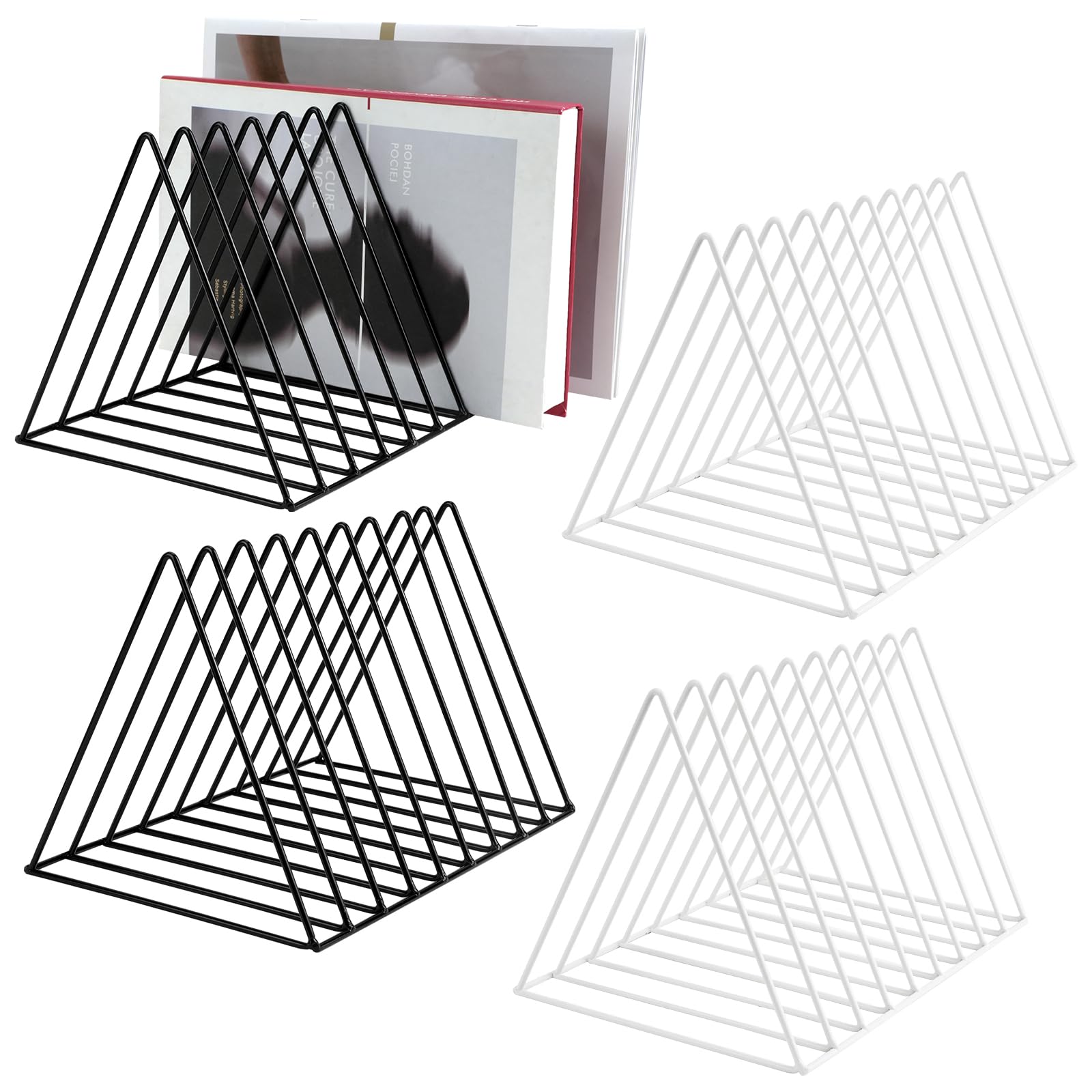 MOAMUN 4PCS Magazine Rack, Triangle Vinyl Record Holder Storage, 9 Slot Magazine File Holder Book Organiser, Metal Magazine Holder Desktop Bookshelf Book Organiser for Home Office(2 Black 2 White)