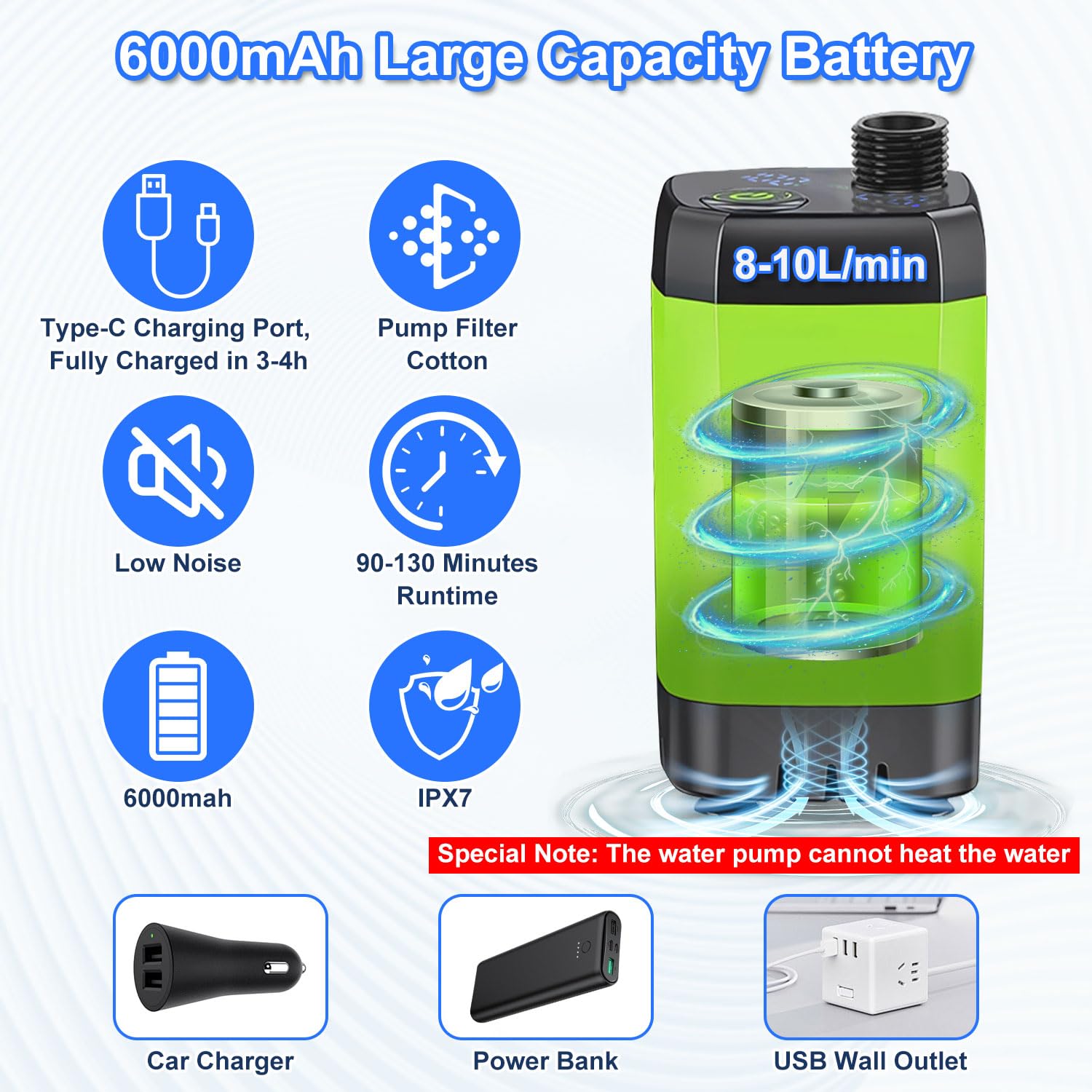 Anesty Kit de ducha portátil para camping, bomba de ducha portátil recargable de 6000 mAh con pantalla inteligente, cubo plegable de 20 L y accesorios para senderismo al aire libre, viajes, coche