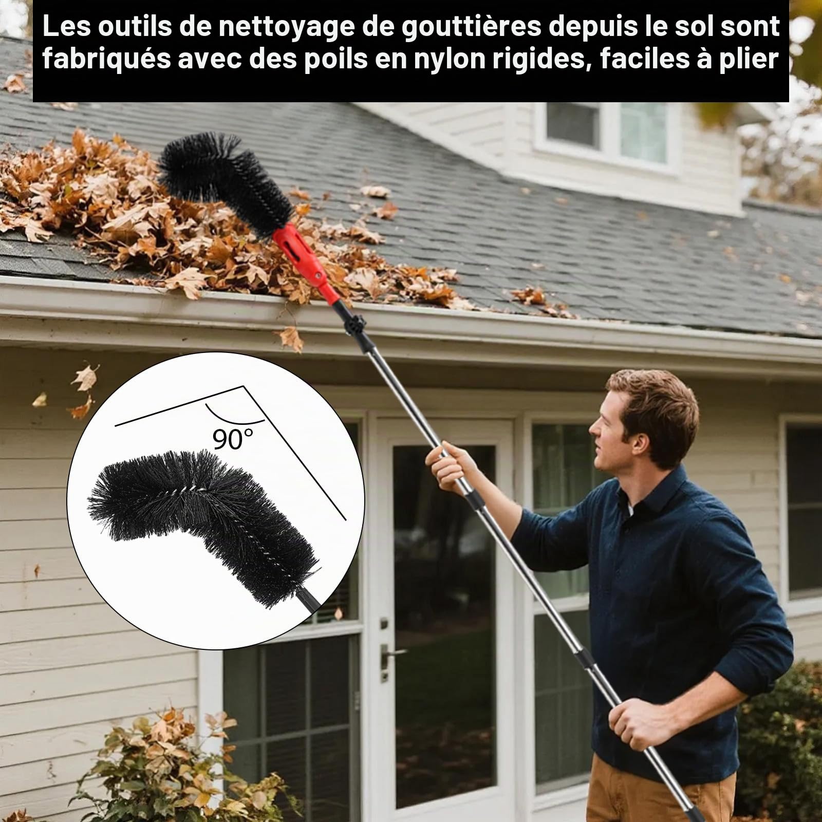 Kit d'outils de nettoyage de gouttière de 3,2 m, brosse de nettoyage télescopique, nettoyeur de poteau d'extension, pour enlever les feuilles, les débris et les toiles d'araignée des jardins