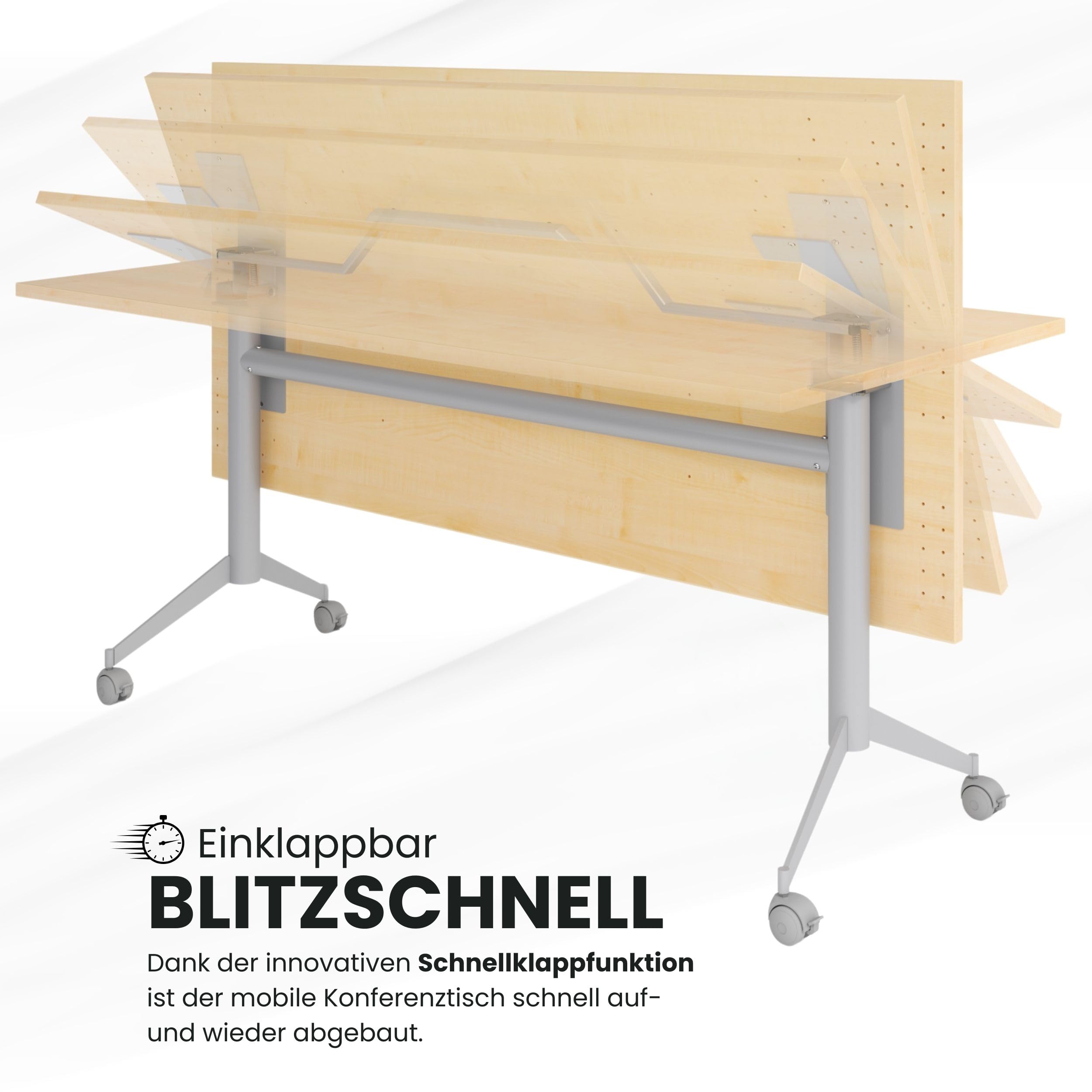 bümö Klapptisch Buche 160 x 80 cm klappbar & fahrbar, klappbarer Schreibtisch auf Rollen, Klappschreibtisch, Tisch klappbar, Klappbarer Tisch, Klapptisch Holz-Platte, Gestell stabil aus Metall