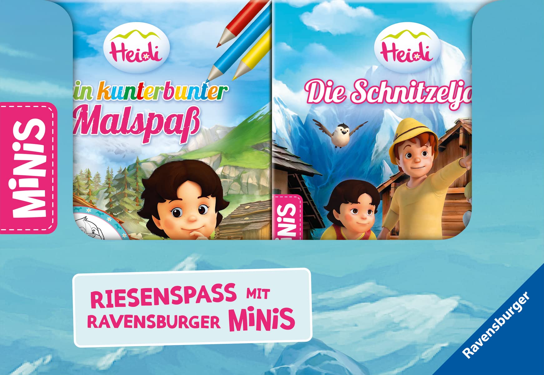 Verkaufs-Kassette "Ravensburger Minis 14 - Heidis Abenteuer in den Bergen": Mein Malbuch / Mein kunterbunter Malspaß / Die Schnitzeljagd / Glöckchen wird geboren