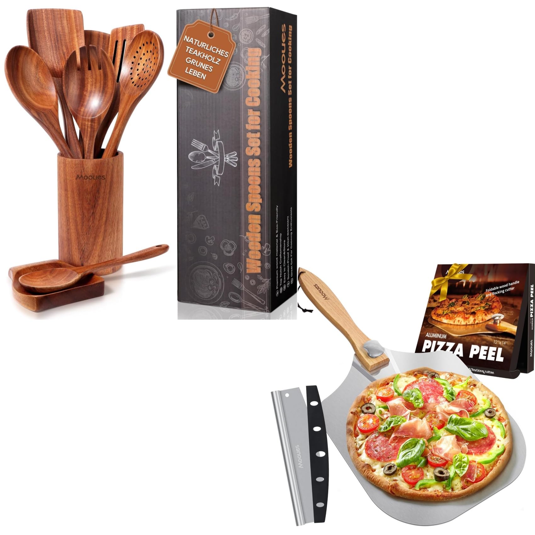 Mooues Kochlöffel Holz Set 9 Stück+Mooues Aluminium Pizzaschieber mit Faltbarer Griff