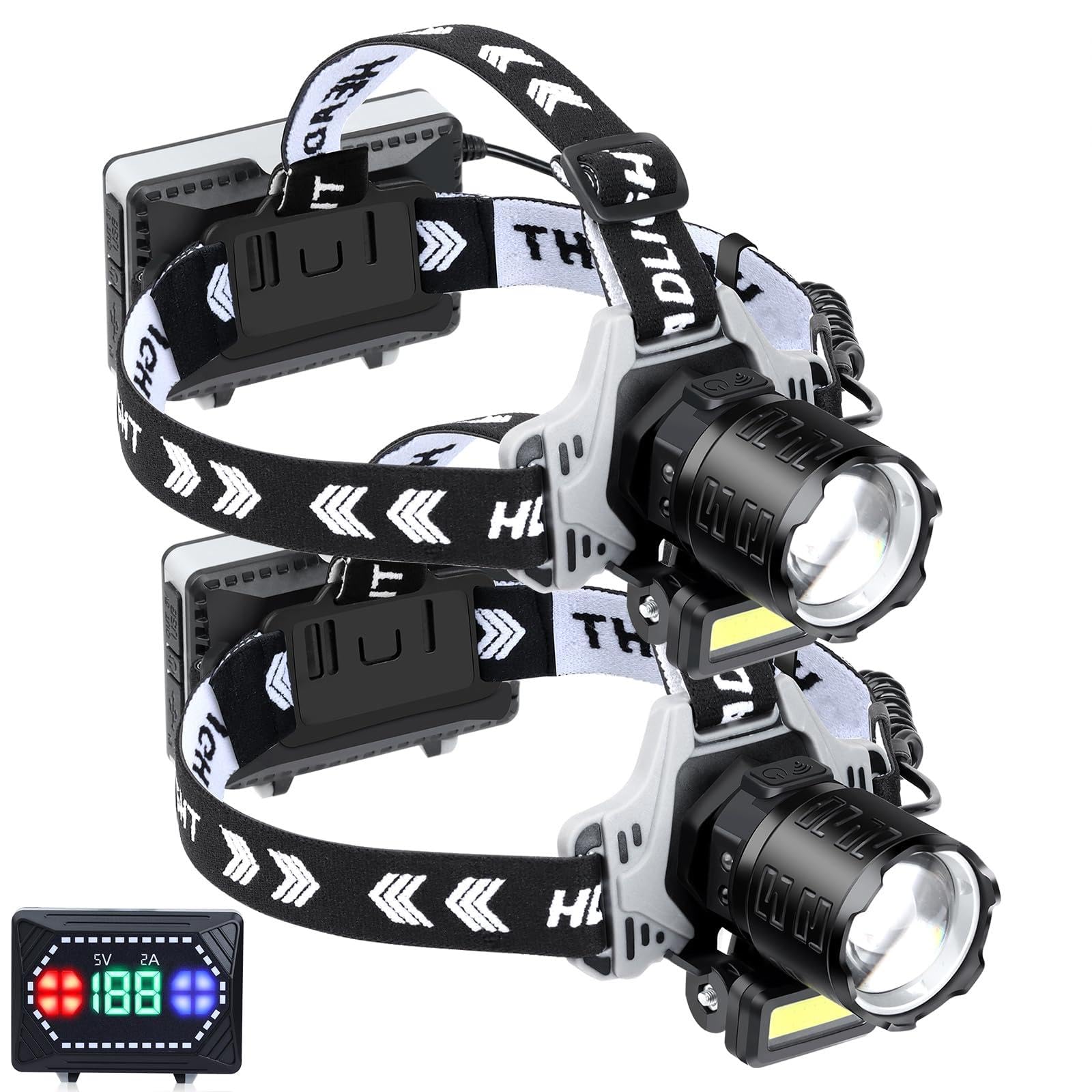 AXRUNZE LED Headlamp Rechargeable 1000 Lumens Super Bright with 10 Modes & Motion Sensor, 2 Pack Head Lamp with Zoomable, IPX7 Waterproof, 135°