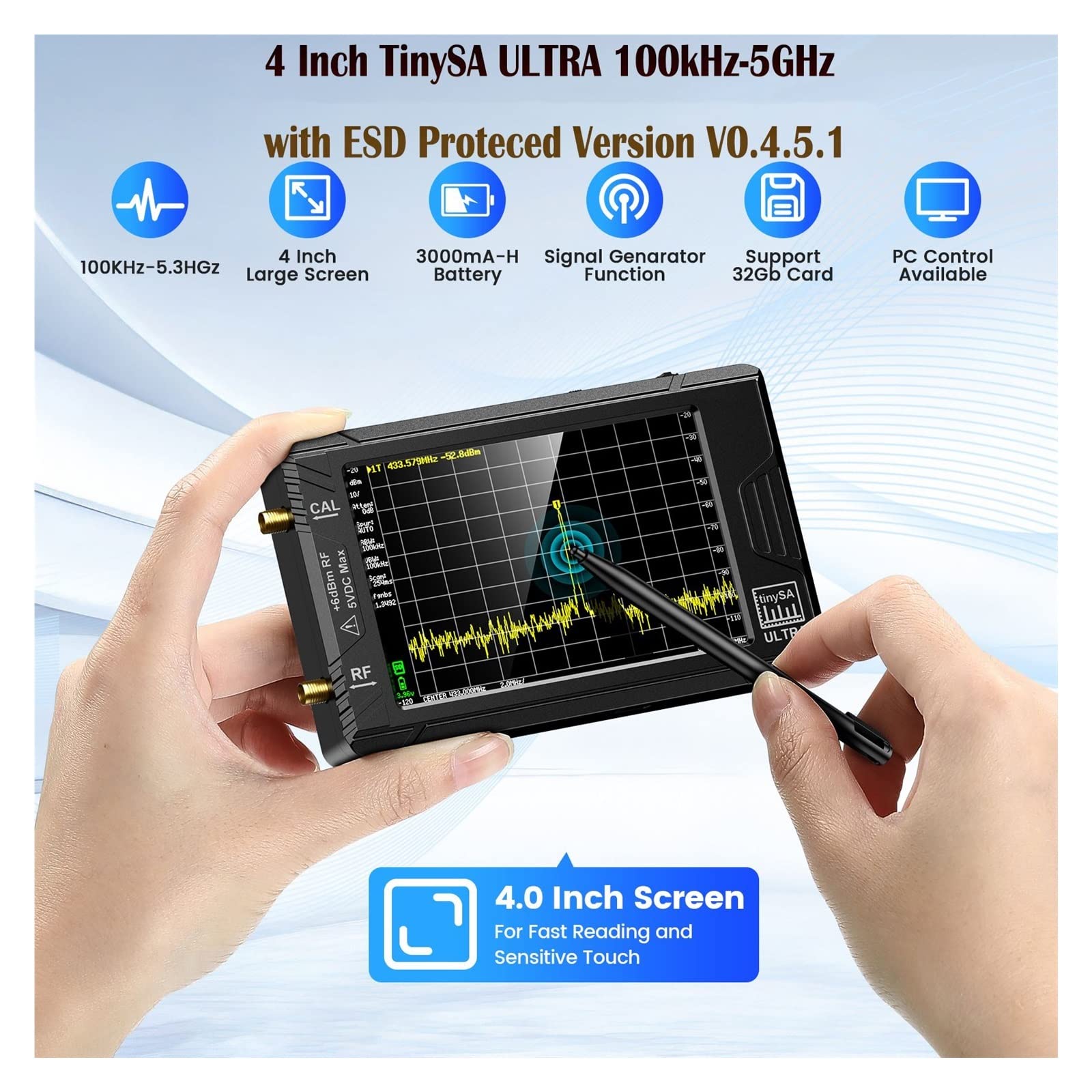 Analizator CzęStotliwośCi, ULTRA 4" Wyświetlacz Tiny Spectrum Analyzer 100 kHz do 5,3 GHz 32 GB Sieć Wewnętrzny tester Lan Generator Wbudowana bateria Generator SygnałU