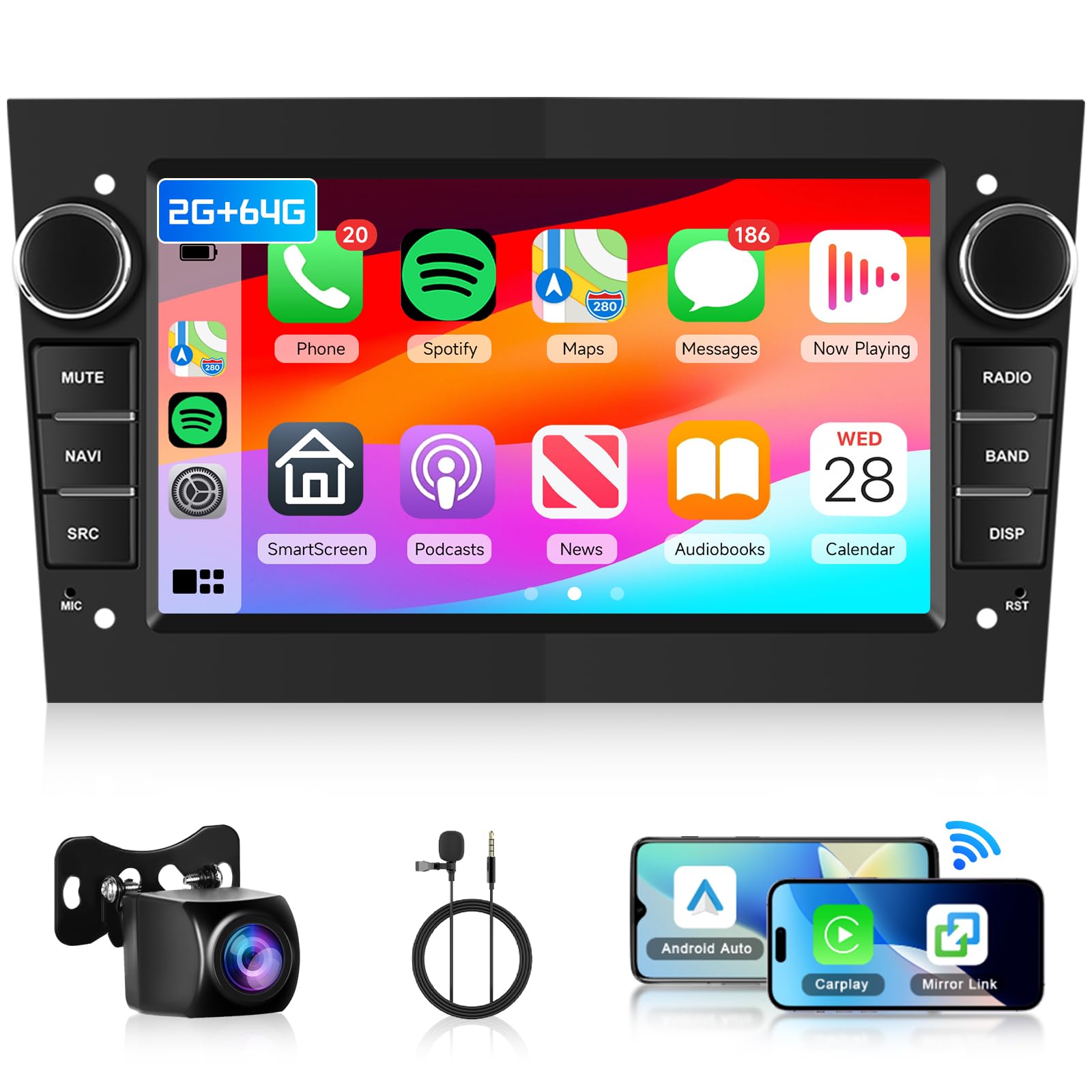 Hodozzy 2G+64G Android Radio para Opel Astra Corsa Antara Vauxhall Meriva Zafira Combo Signum Tigra 7 Pulgadas Pantalla Táctil con Carplay Android Auto 2 DIN Radio Bluetooth GPS,WiFi,FM/RDS,Cámara