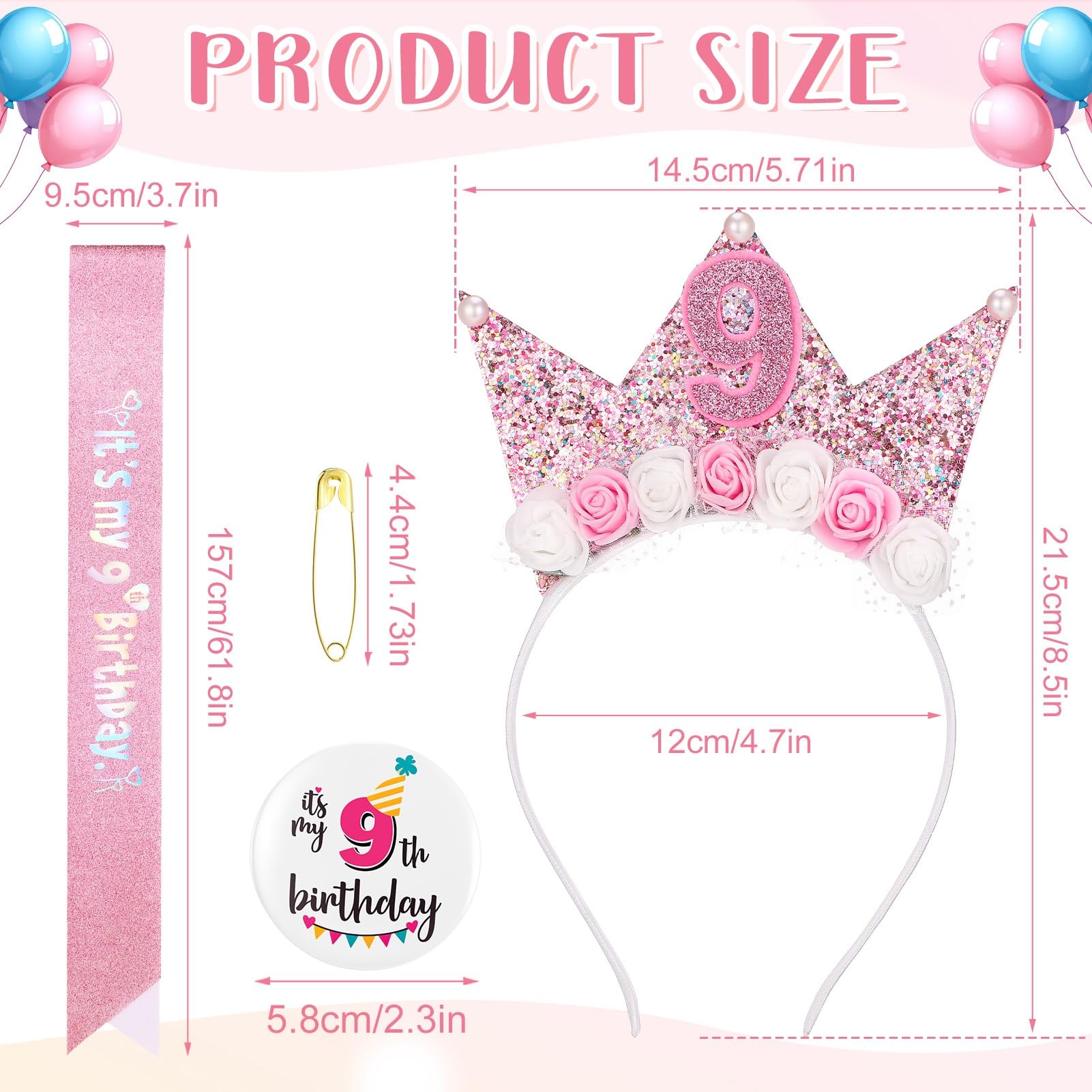 GSrenyu 9th Birthday Decorations for Girls,Headband Glitter Sash and Badge Set for 9 Year Old Girls Birthday Decorations,Flower Princess Crown Headband - Image 2