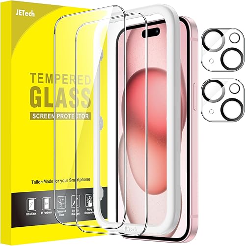 JETech Protector de pantalla para iPhone 15 de 6.1 pulgadas con protector de lente de cámara, herramienta de fácil instalación, película de vidrio