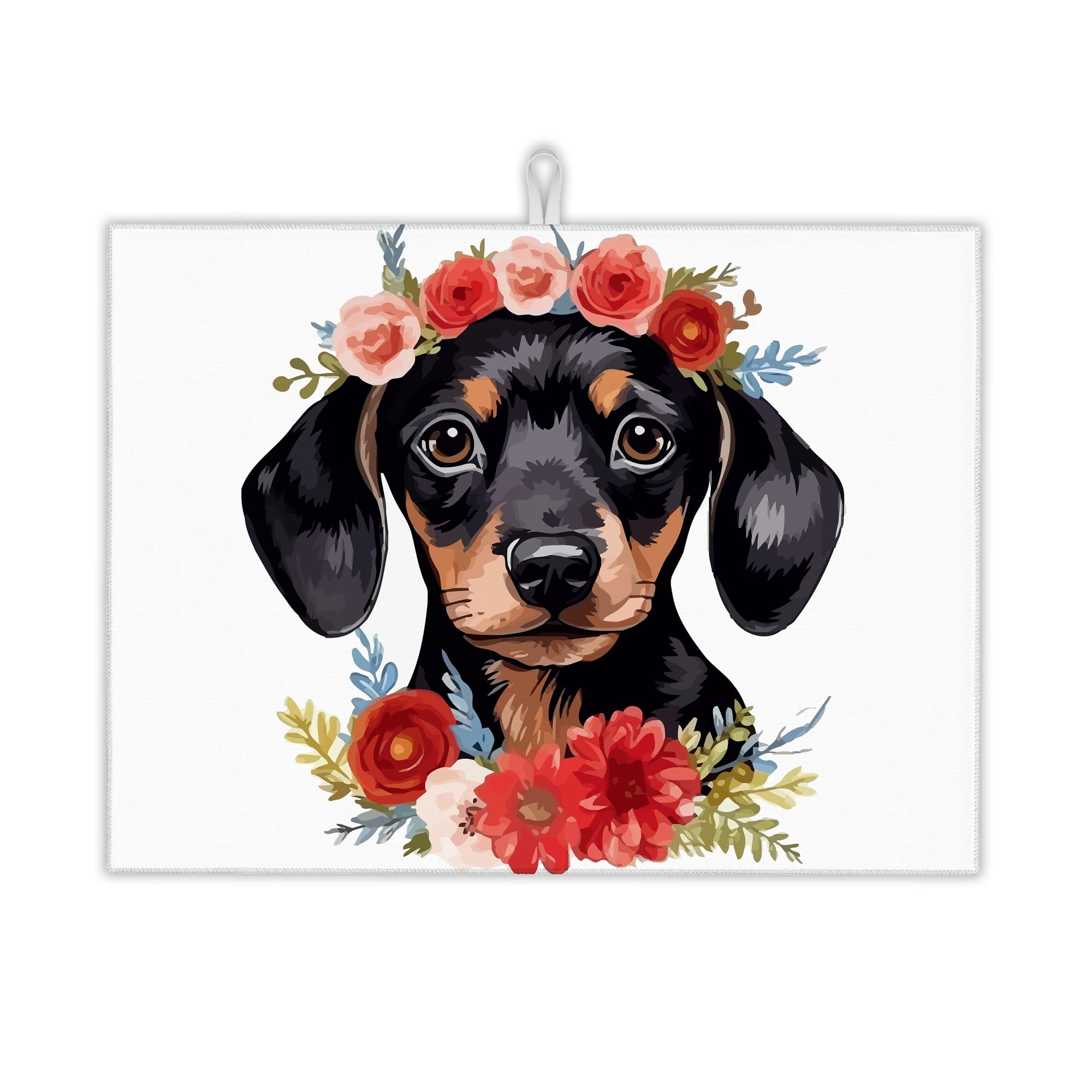 UIUPRO Dachshund Dog Flowers Dish Drying Rack Mat for Kitchen Counter, Dish Drying Pad Absorbent Reversible Microfiber Protector for Coffee Bar Sink