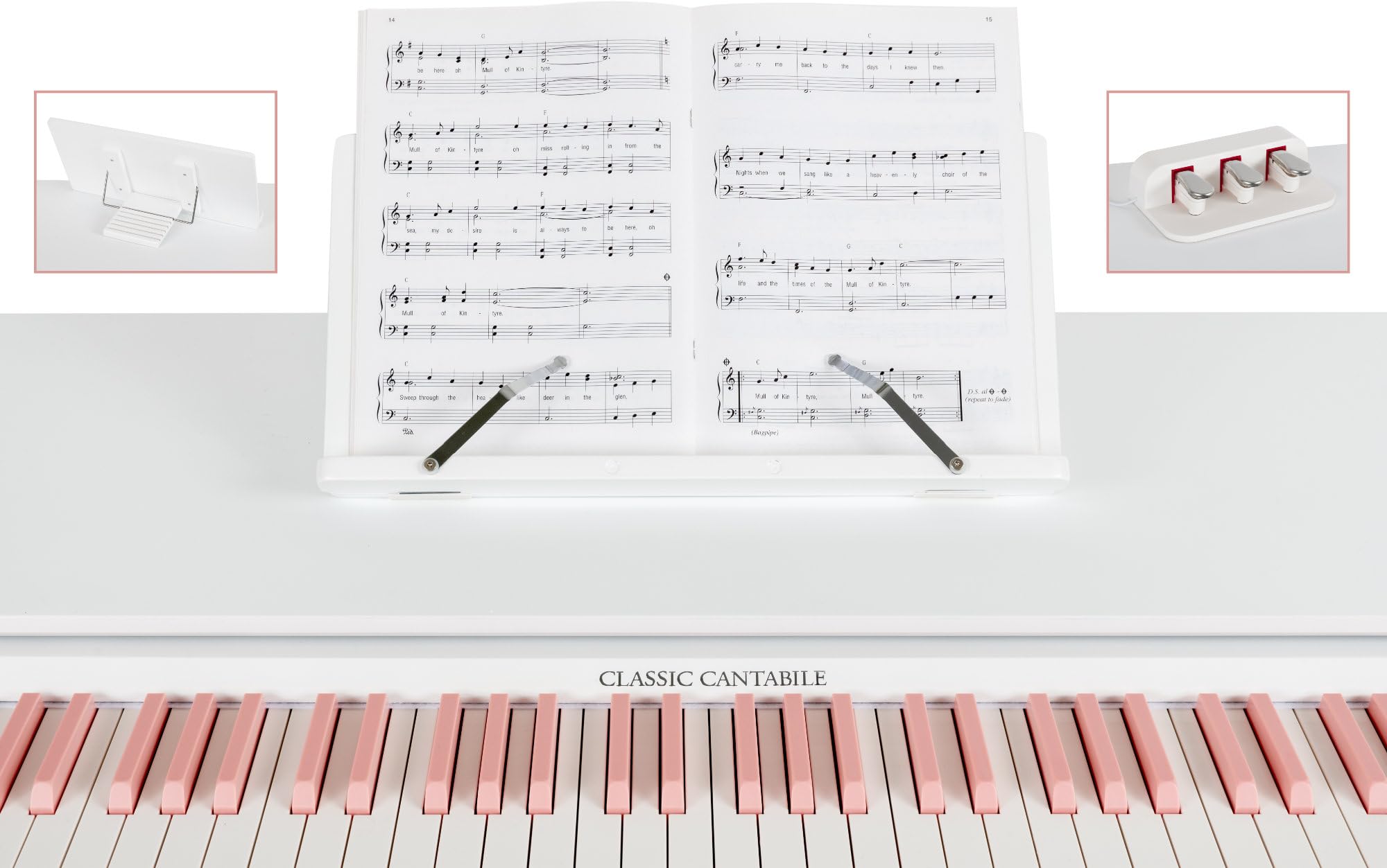 Classic Cantabile DP-730 WP pianino cyfrowe, stół z wbudowanym fortepianem, z różowymi przyciskami, 88 klawiszy, fortepian z mechanizmem młotkowym, w zestawie uchwyt na nuty i pedały, kolor biały