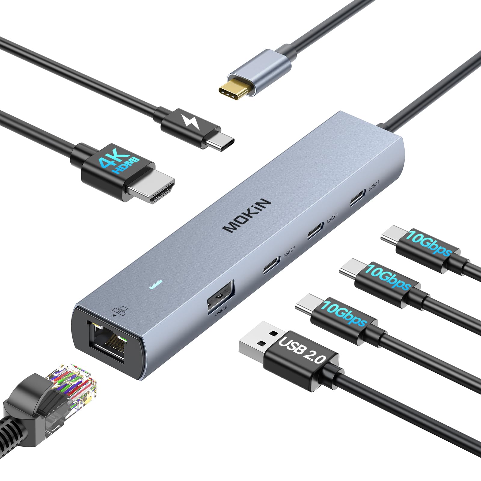 MOKiN USB C Hub 4K@60Hz, 7-in-1 USB C to HDMI Adapter with Smart LCD Display, 100W PD Charging, USB-C 3.0, 2x USB-A 3.0, SD/microSD Card Reader, USBC Multiport Adapter for MacBook/Dell/HP/Lenovo — view 14