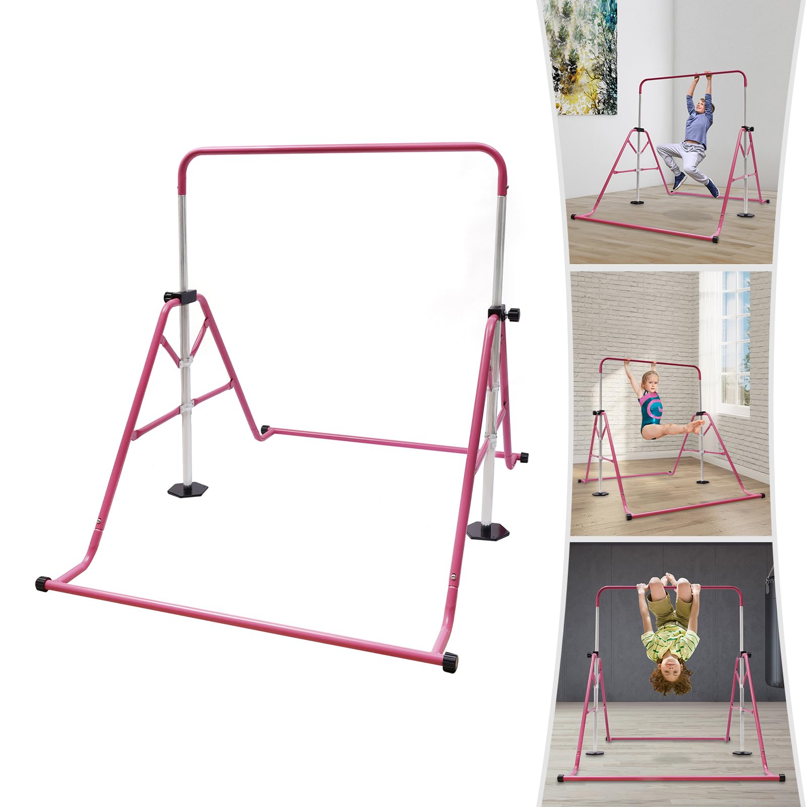 Barra plegable ajustable de gimnasia con bandeja de barra horizontal multifuncional para entrenamiento en casa para niños, color rosa, 107 x 148 cm