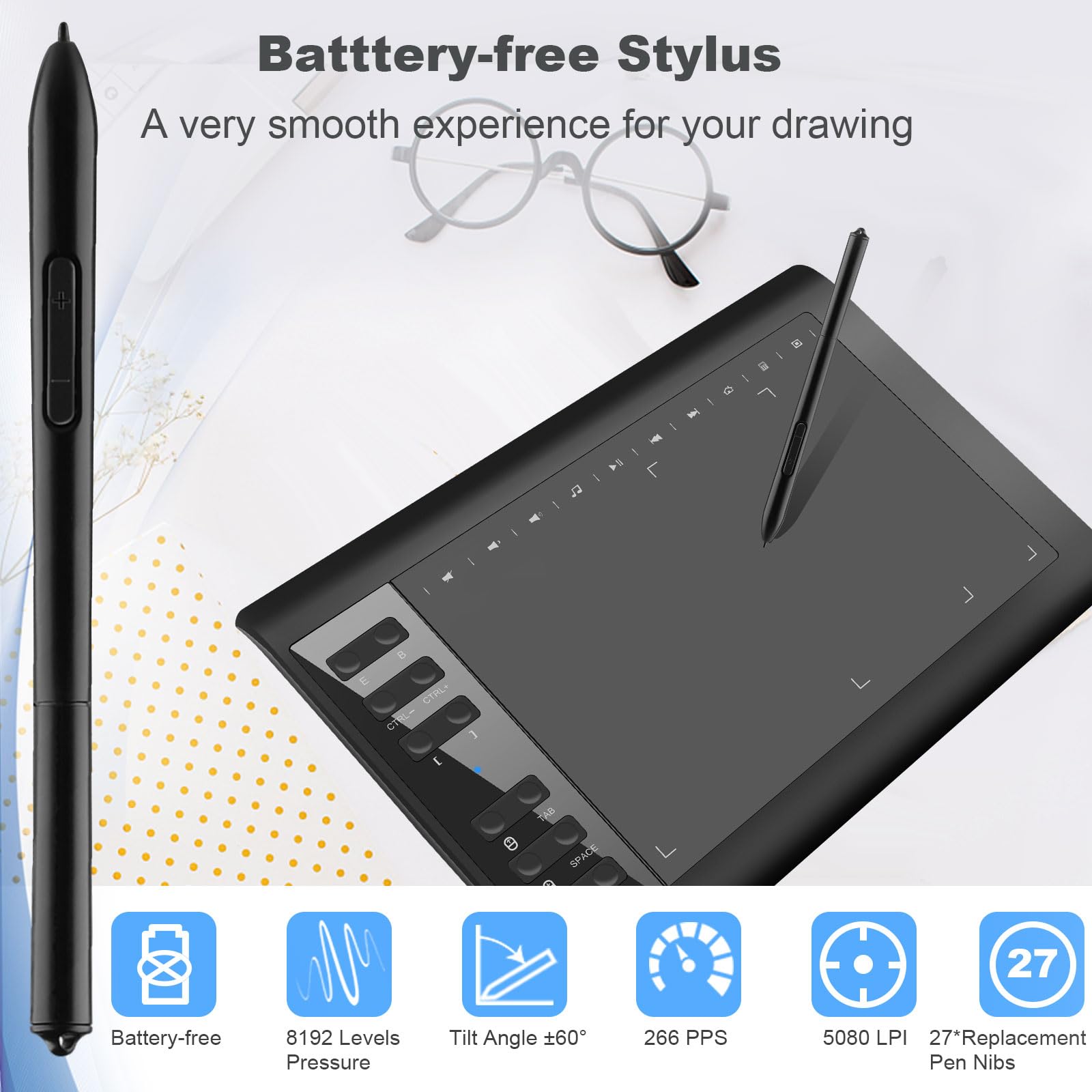 Tavoletta grafica da disegno, 10 x 6 pollici, con borsa portatile e 8192 livelli senza batteria per PC/Mac/Android 5.0 e superiori, con funzione OTG per disegno e insegnamento online