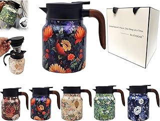 Vintage Floral Pattern Teapot, Doresty Tea Pot, Vintage Floral Pattern Tea-Built-In Infuser, Stainless Steel Thermal Carafe with Lid for Hot Drinks (Orange, Wooden handle)