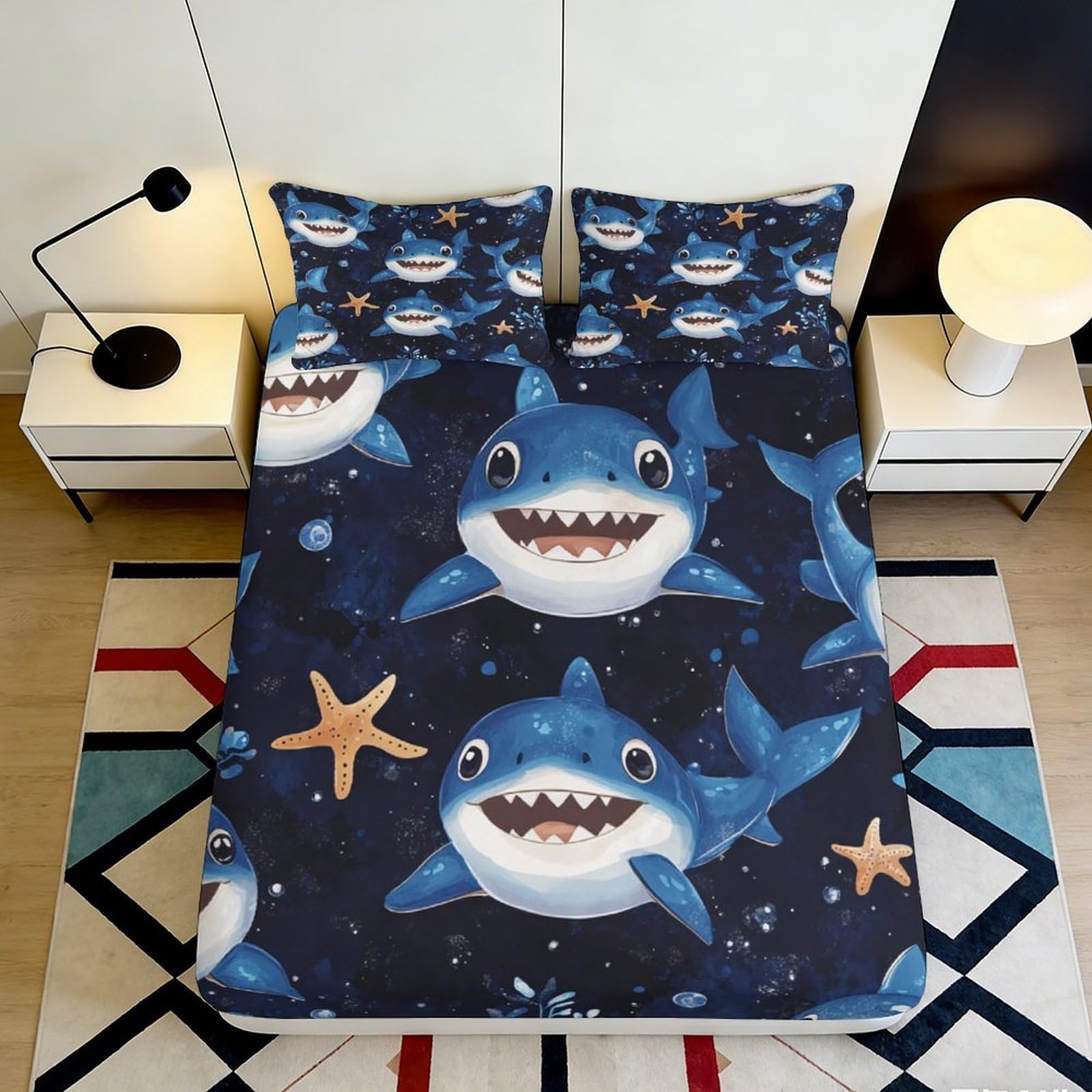 Uxinyoume Style-7 3D Printed Shark Ocean Fitted Sheet Microfiber Anti-Slip Starfish Mattress Cover Bedroom Decor Easy Care 90X200x25cm