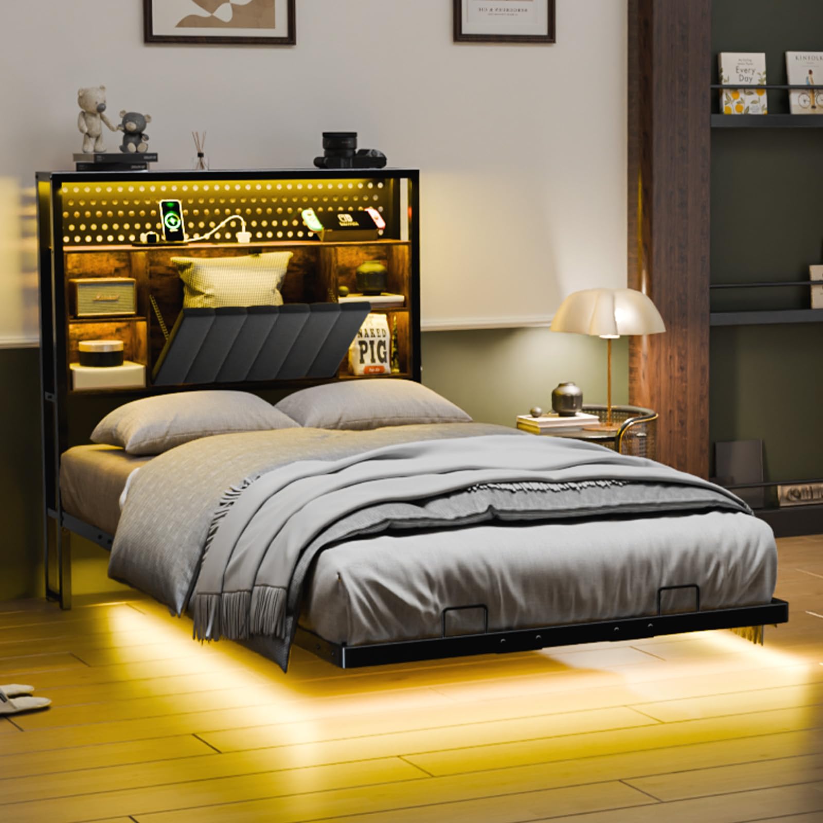 Bonnlo 3ft Single Bed Frame with Upholstered Storage Headboard/Charging Station/LED Lights, Floating Metal Bed Frame-Under Bed Storage/Mattress Foundation/Duty Metal Slats/No Box Spring Needed,90x190