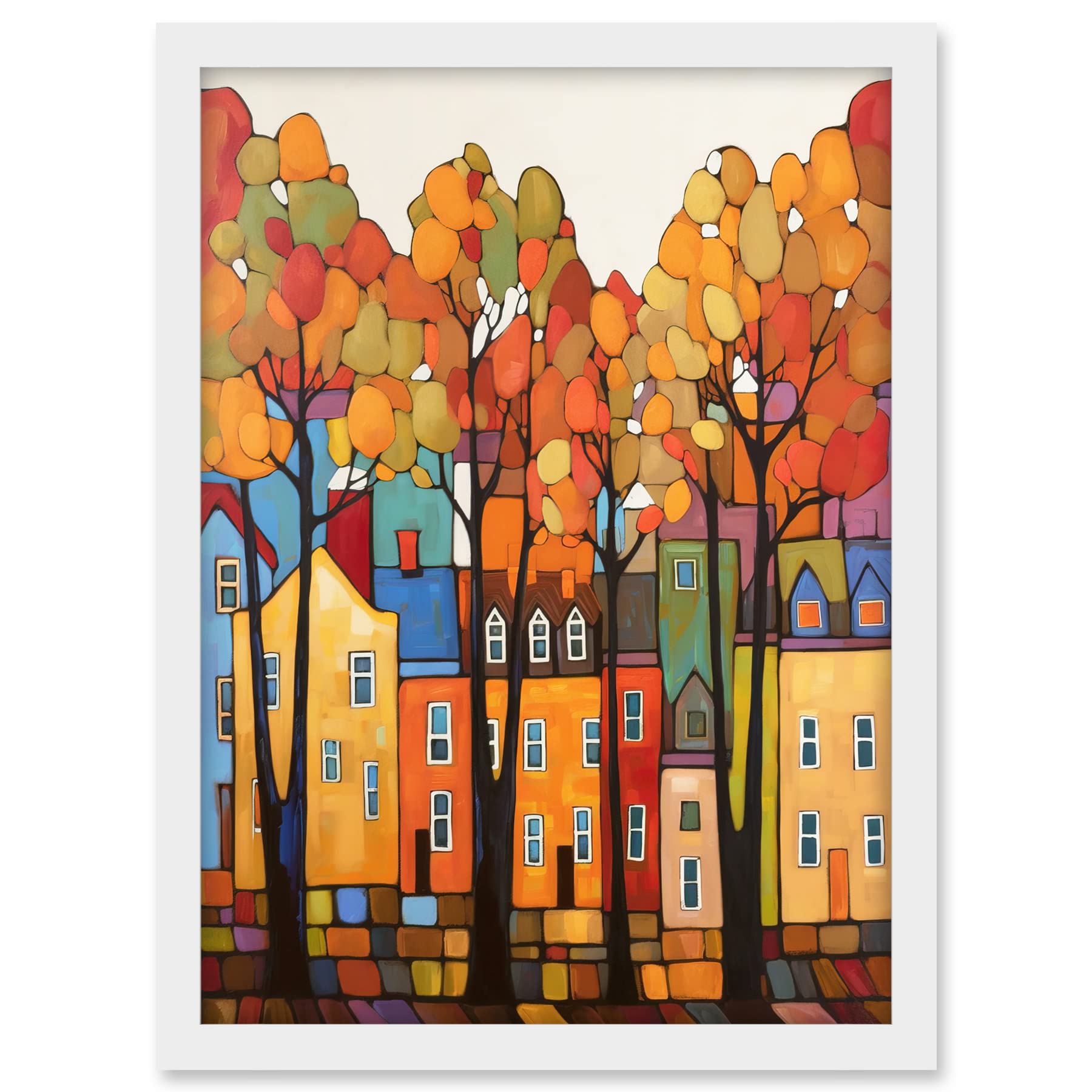 Artery8 Multicoloured House Street In Autumn Contemporary Folk Art Painting Artwork Framed A3 Wall Art Print