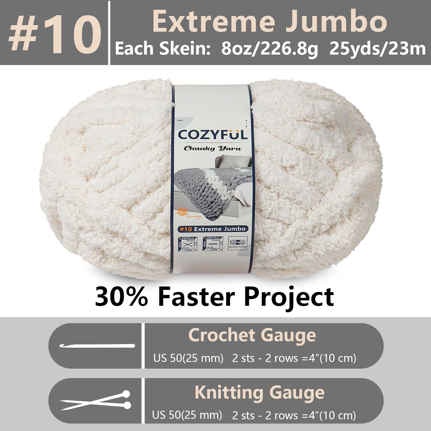 chunky yarn for hand knitting - #10 chunky chenille yarn, jumbo big thick chunky yarns for crocheting, super bulky chunky knit blanket yarns, 8 skein (25 yds 8 oz each skein), beige white 8 pack beige white