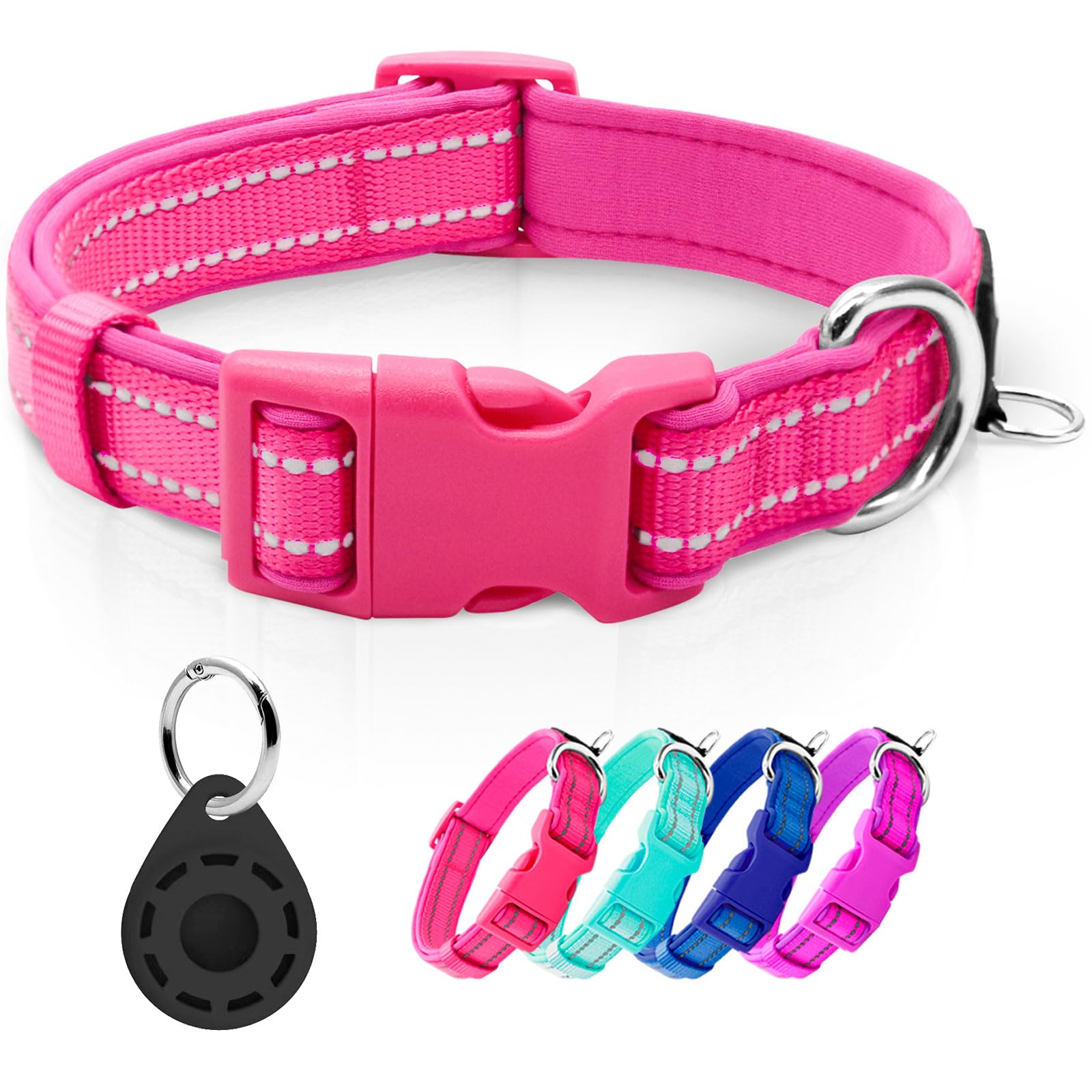 azuza Reflective Dog Collar with Airtag Holder, Soft Neoprene Padded Pet Collar with ID Tag Ring, Adjustable for Small Dogs,Hot Pink,S