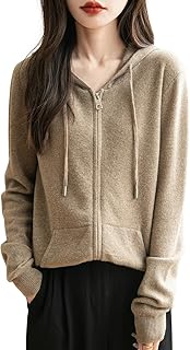 Sudadera con capucha para mujer, 100% lana merina, con cremallera, para otoño e invierno, cálida, de manga larga, con bolsillo