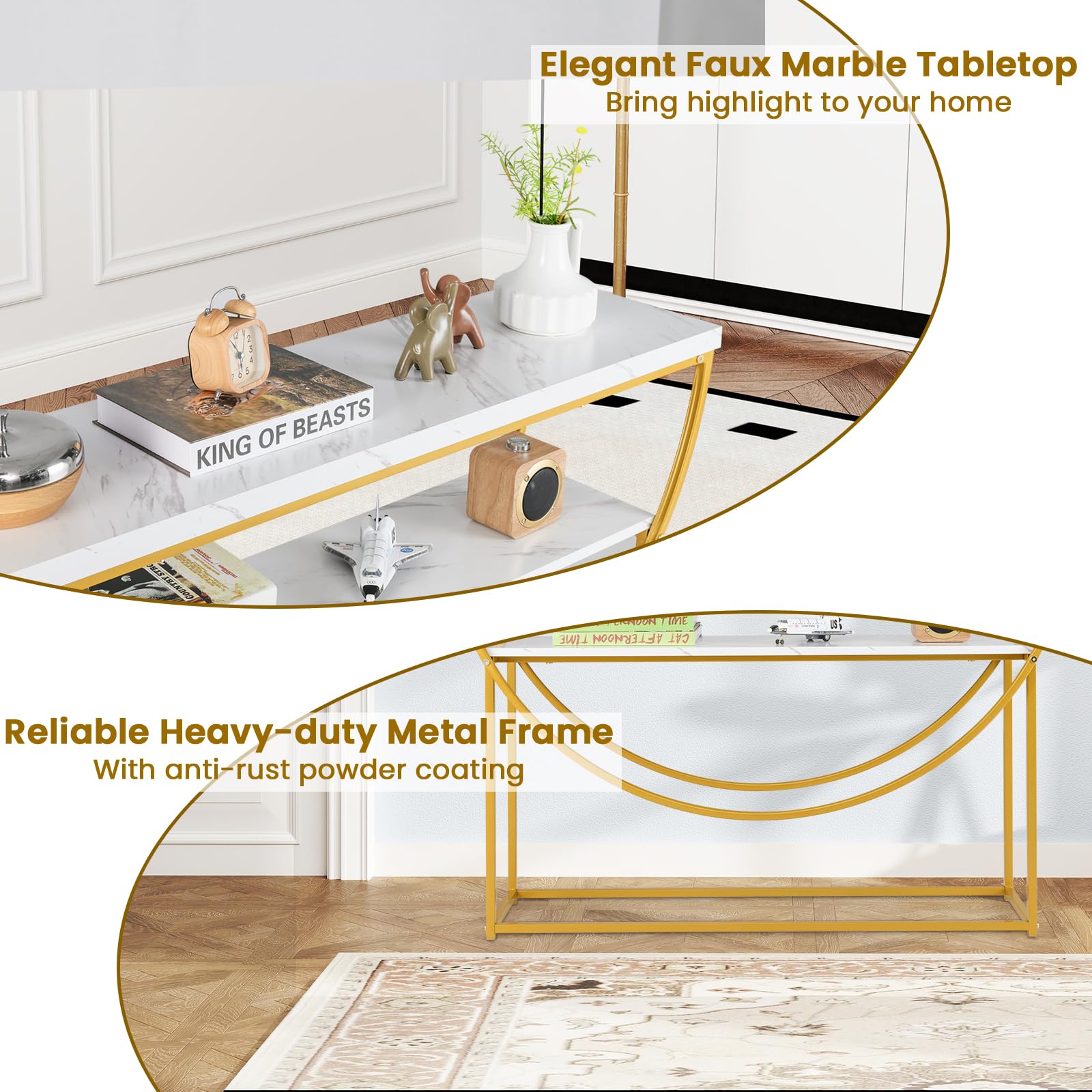 LIFEZEAL Consolle Ingresso, Tavolo Consolle, Moderno, Salvaspazio, Dorato, Oro e Bianco, con Effetto di Marmo, Telaio ad Arco, Console Entrata, Corridoio, in Legno, Metallo, Max 50kg, 120x30x80,5cm