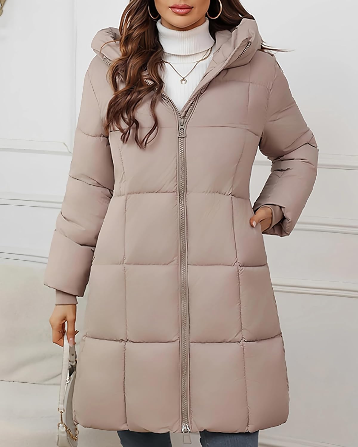 Women's Hooded Long Puffer Coat Winter Warm Full Zip Lightweight Quilted Jacket with Pockets - Image 3