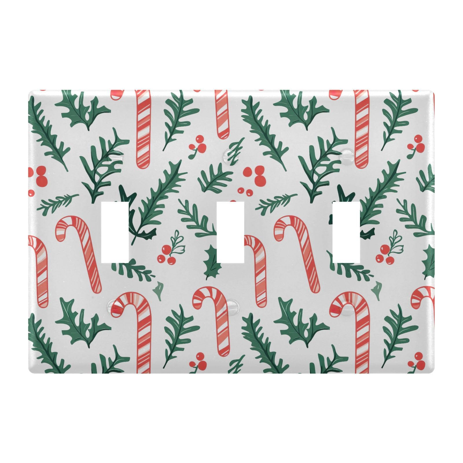 Light Switch Cover Christmas Cane Holly Leaves Wall Plates for Electrical Outlets 3 Gang 202b7083