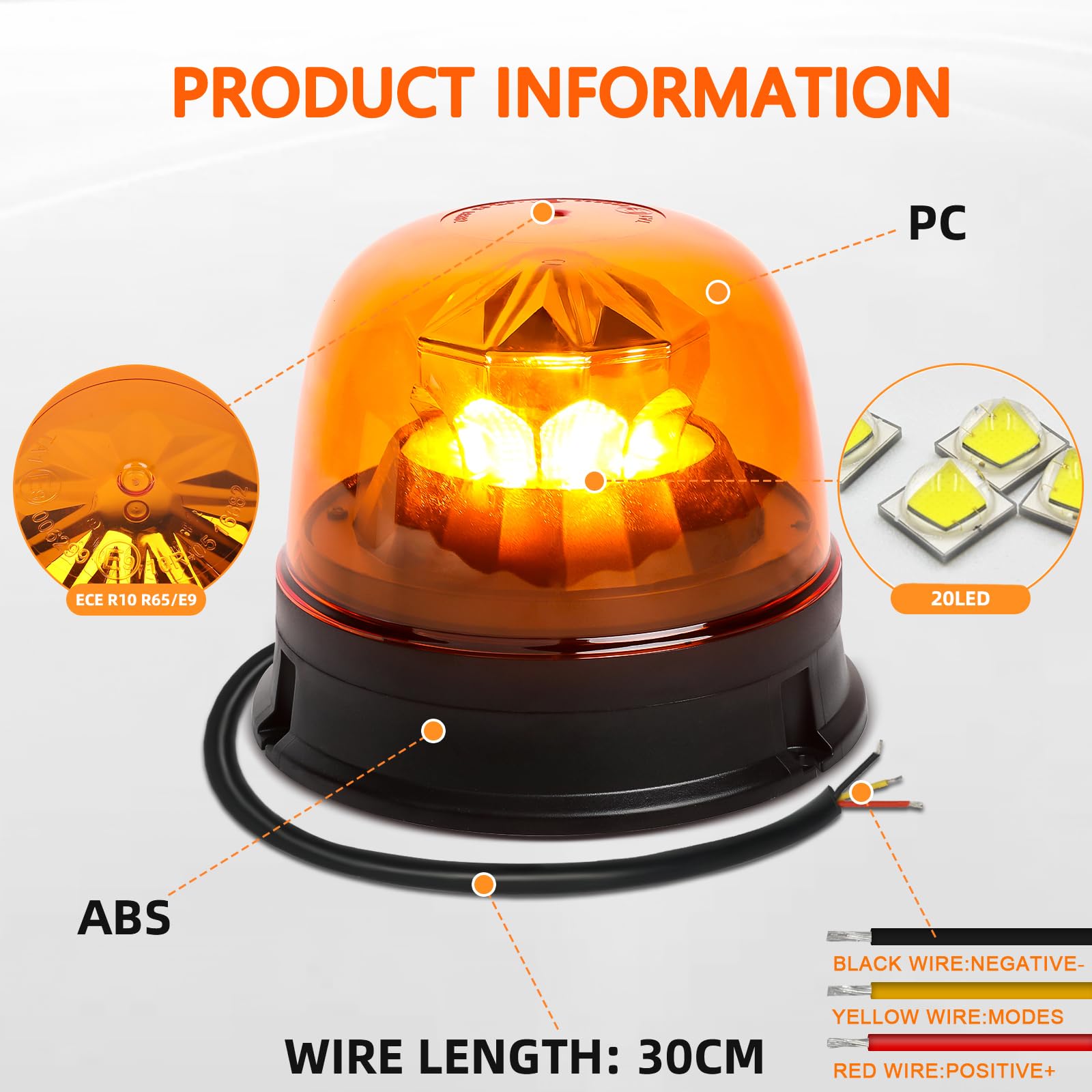 LED Rundumleuchte Blitzleuchte 7 Modus, 12V/24V Gelb Rundumleuchte LED Warnleuchte mit Schraubenmontage, E9 Mark & Wasserdicht IP67, Warnlicht für Traktor Auto LKW Golfwagen