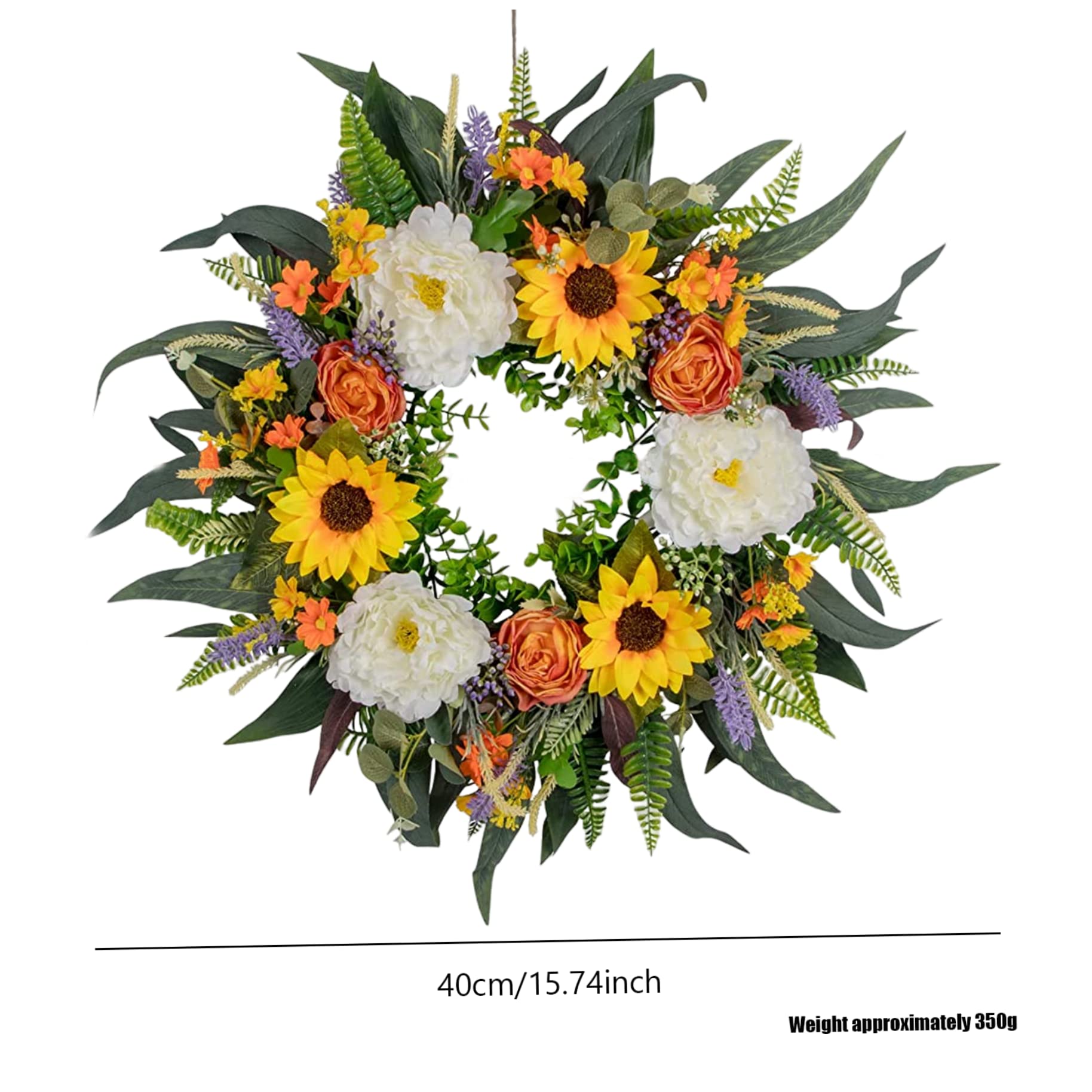 Couronne d'été Artificielle pour Porte d'entrée, Couronne de Fleurs, Guirlande décorative de Porte 'été 'Eucalyptus pour la décoration la Maison, 40cm.