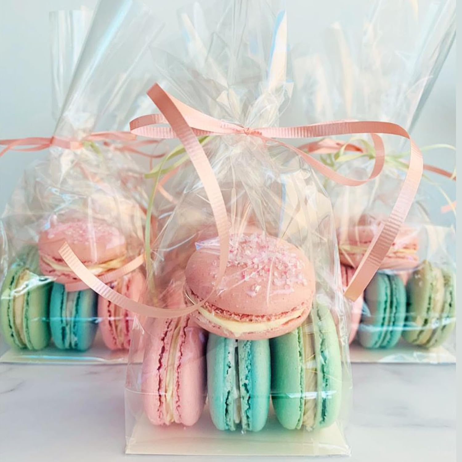 EKAPACKAGING 50 Pcs 4x2x8 Inch Gusseted Flat Bottom Cellophane Bags with Ribbon and Cardboard Insert for Smores and Cupcakes