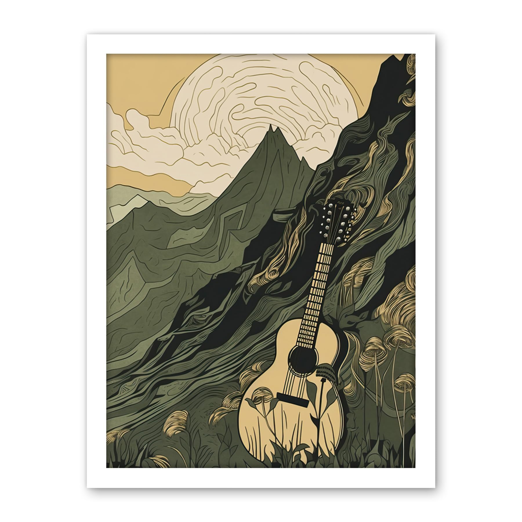 Artery8 Guitar on Mountain Landscape Morning at Campsite Artwork Framed Wall Art Print 18X24 Inch