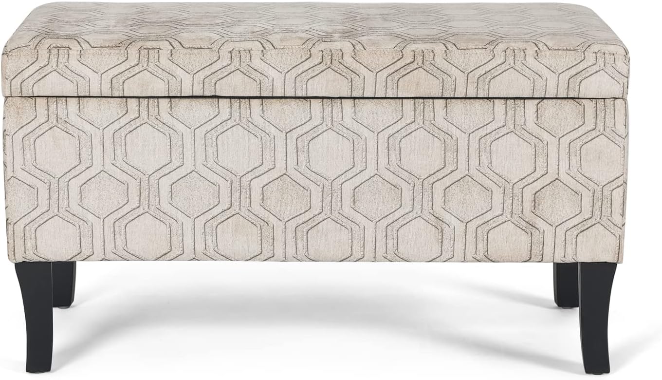 Adeco 32 inch Rectangular Storage Ottoman Bench, 3D Hexagon Pattern Upholstered Ottoman Foot Rest, Fabric Ottoman Bench with Wooden Legs for Living Room, Entryway or Bedroom