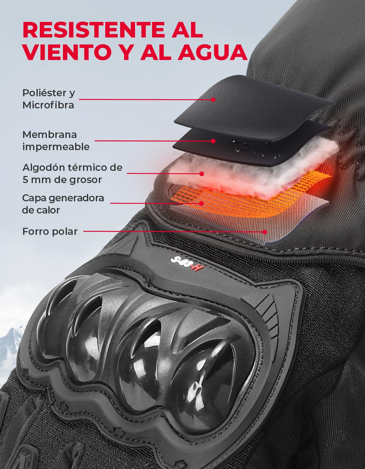 KEMIMOTO Guantes Calefactables Moto, 3 Niveles de Ajuste, para en Ambientes Fríos Desde -10℃ a -5℃, Tejido Repelente al Agua y Carcasa de TPU, Actividades Invernales al Aire Libre, Esquí y Patinaje